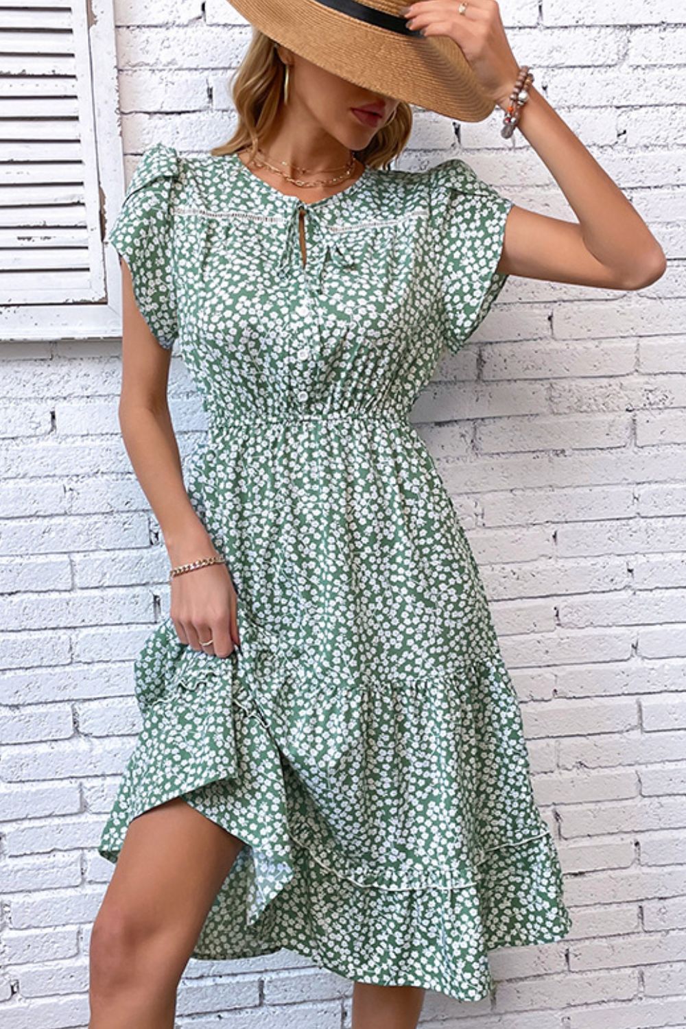 Honeybee Mumford's Floral Tie Neck Petal Sleeve Dress