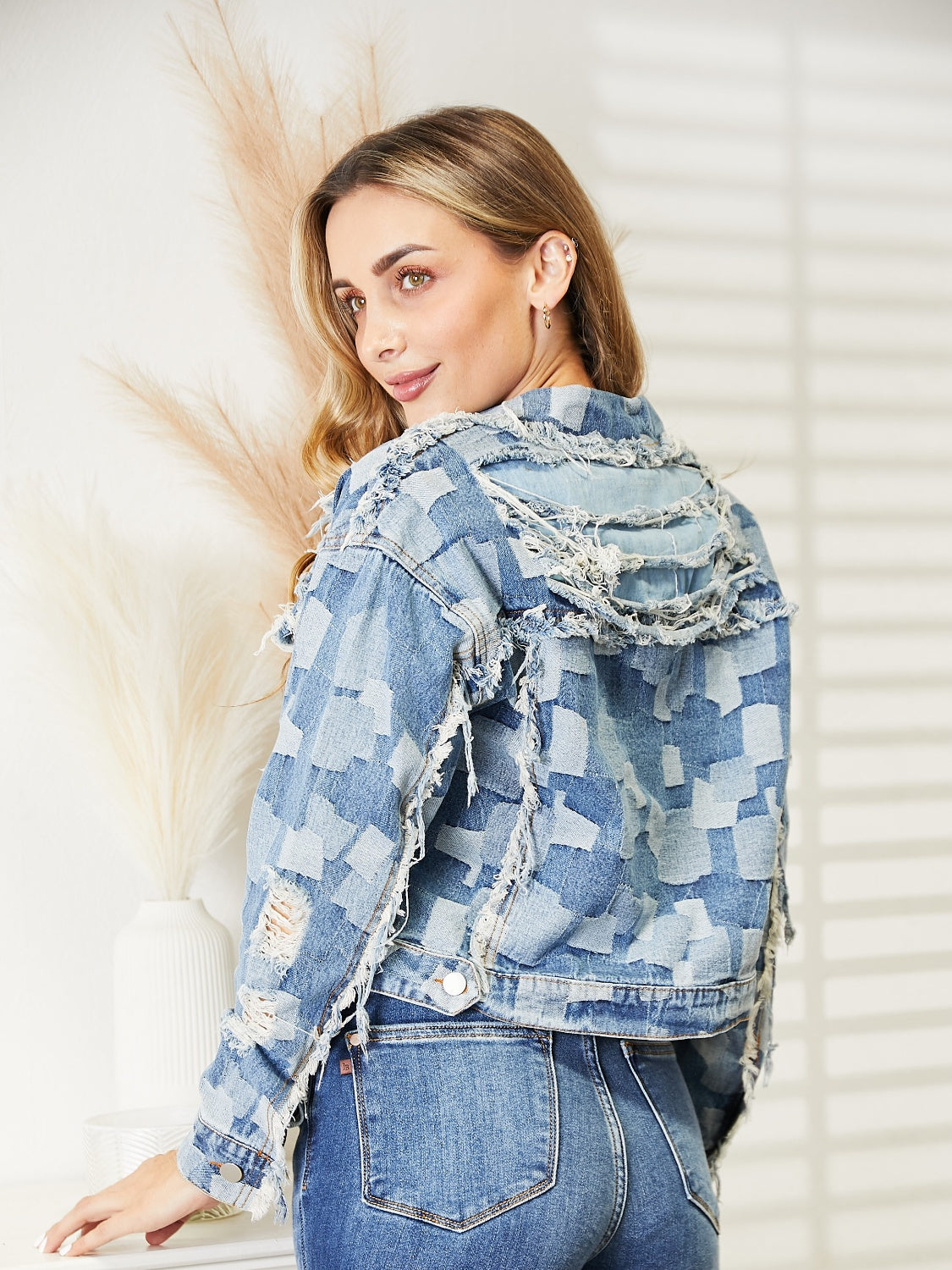 Honeybee Mumford's Plaid Raw Hem Dropped Shoulder Denim Jacket