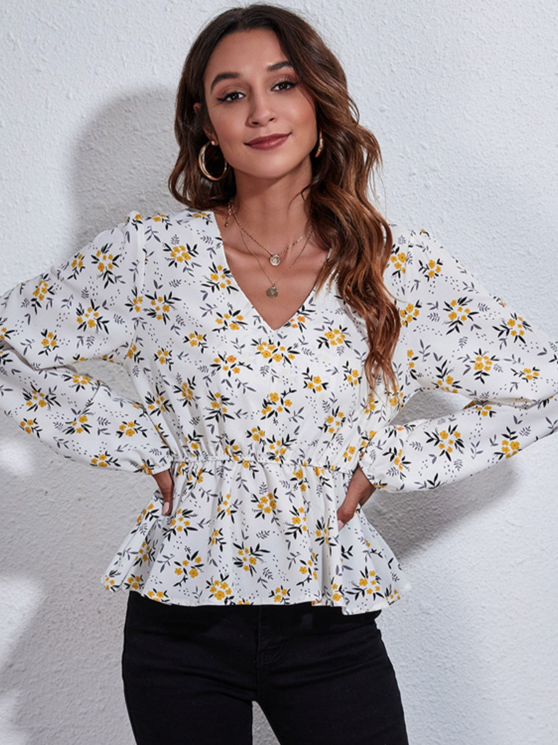 Honeybee Mumford's Floral V-Neck Balloon Sleeve Peplum Blouse