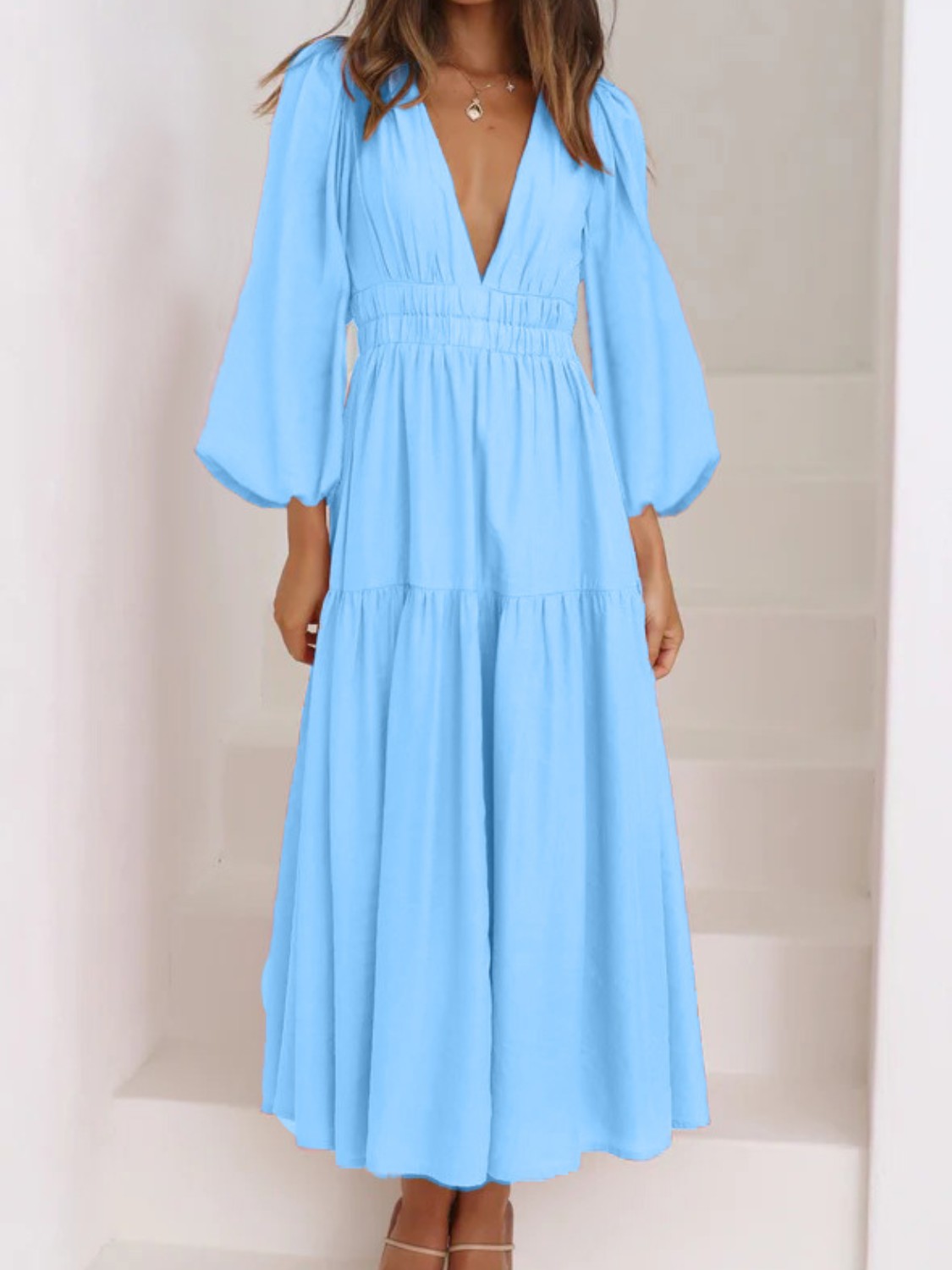 Honeybee Mumford's Deep V-Neck Balloon Sleeve Plain Maxi Dress