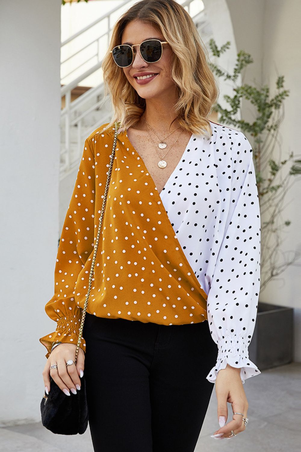 Honeybee Mumford's Polka Dot Surplice Neck Lantern Sleeve Blouse