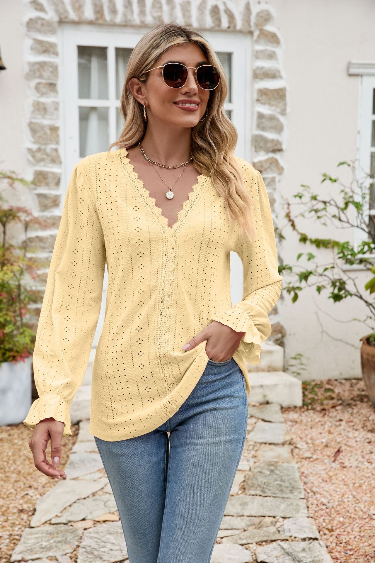 Honeybee Mumford's Eyelet Lace Trim Flounce Sleeve Blouse