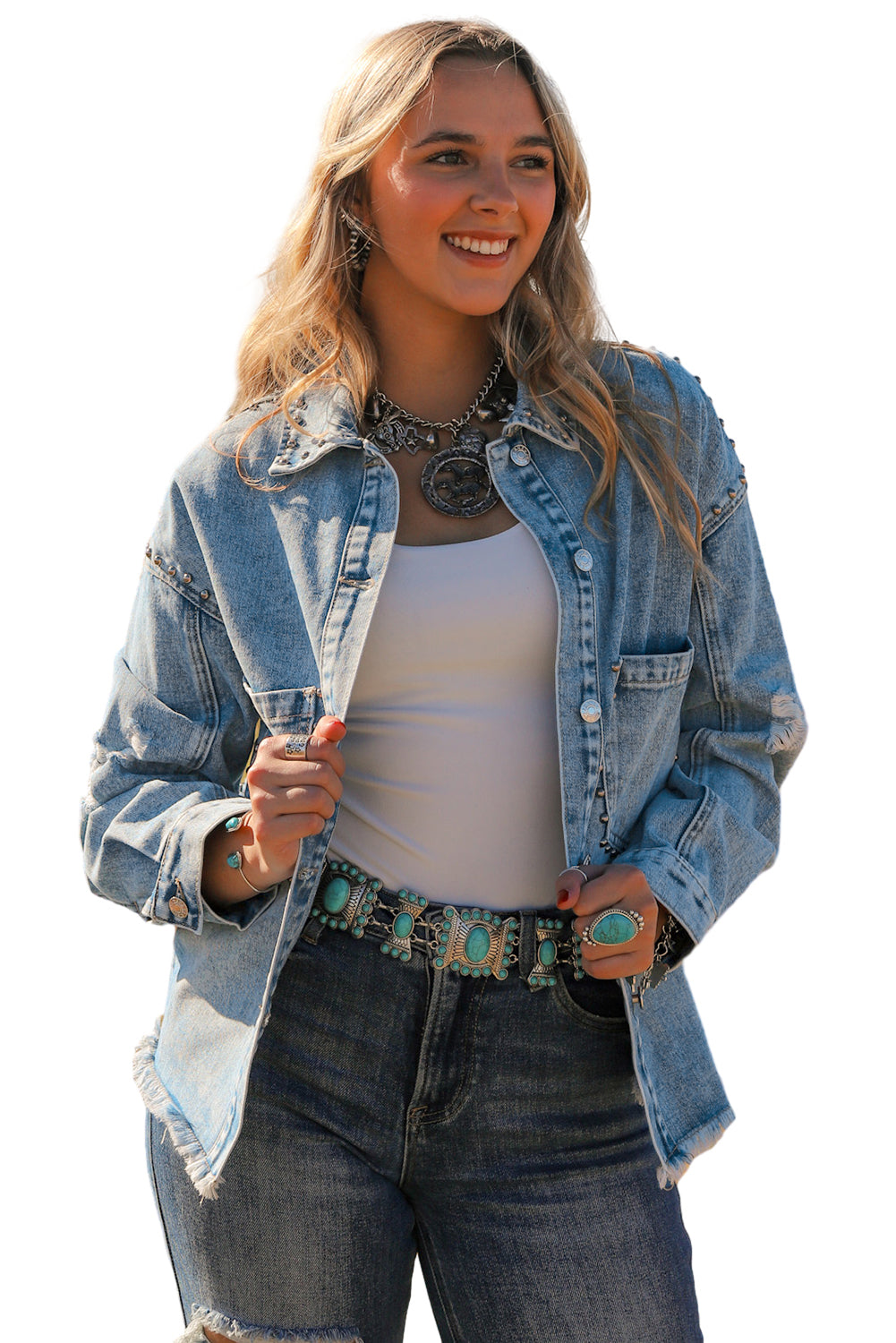 Honeybee Mumford's Sky Blue Studded Acid Wash Denim Jacket