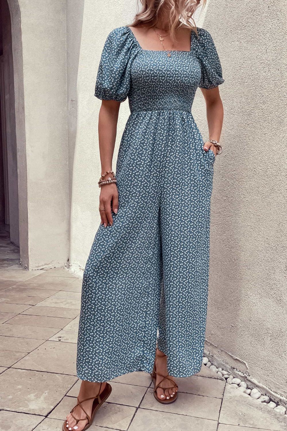 Honeybee Mumford's Printed Square Neck Jumpsuit with Pockets