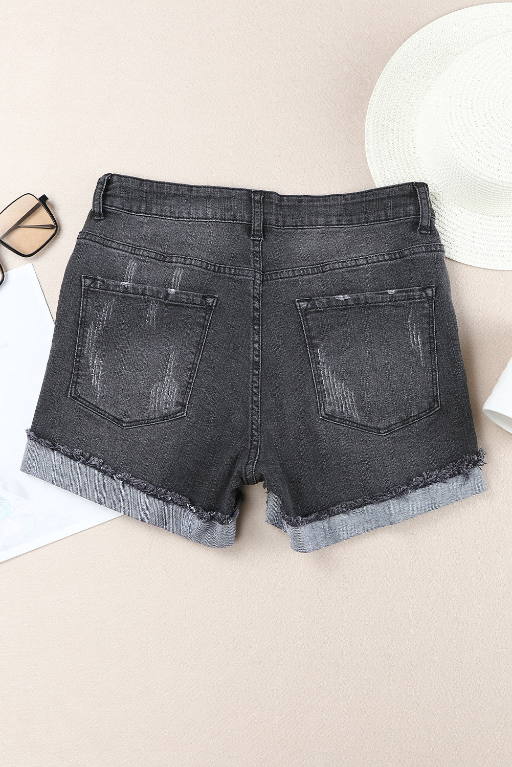 Honeybee Mumford's Distressed Ripped Rolled Hem Black Denim Shorts