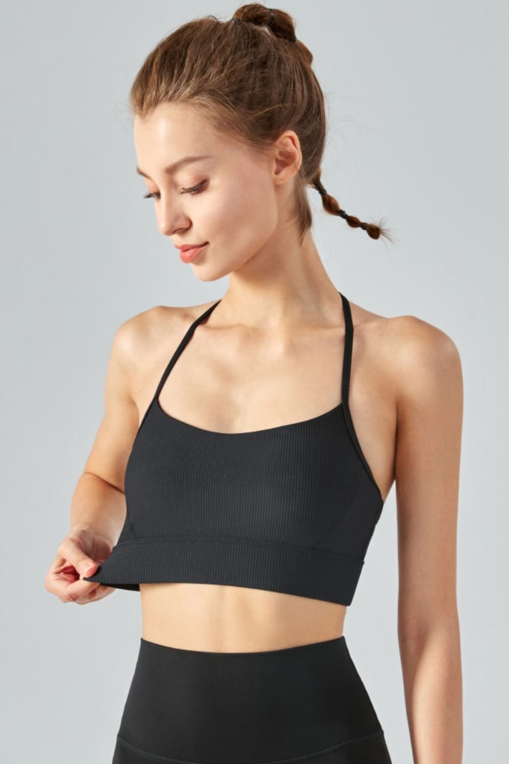 Honeybee Mumford's Ribbed Halter Neck Open Back Cropped Sports Cami