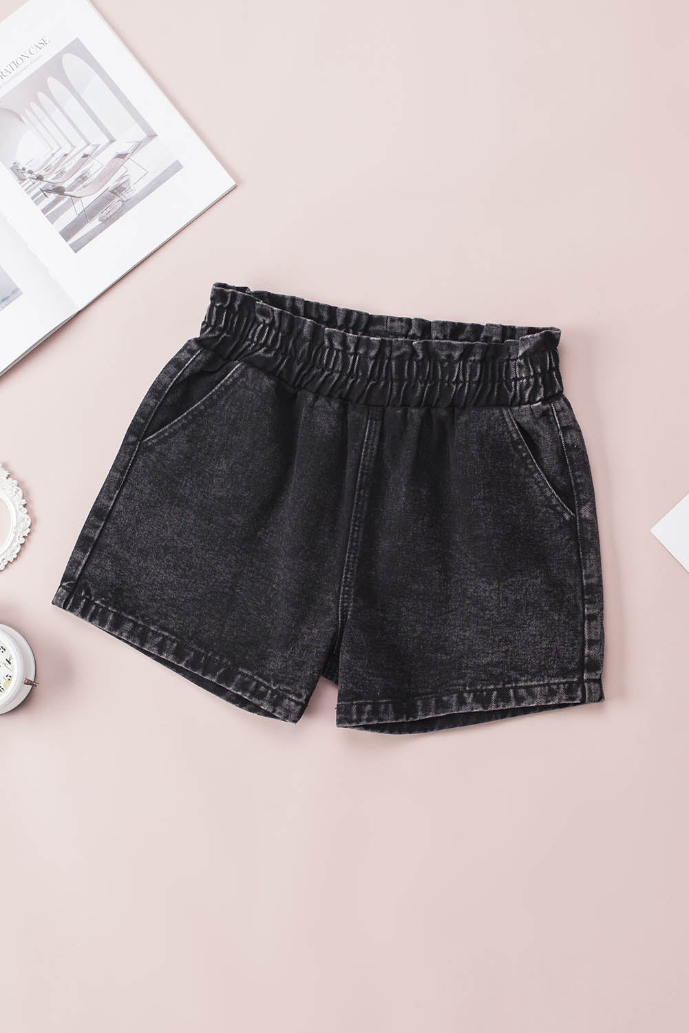 Honeybee Mumford's Black Retro Bleach-washed Ruffled Elastic High Waist Denim Shorts