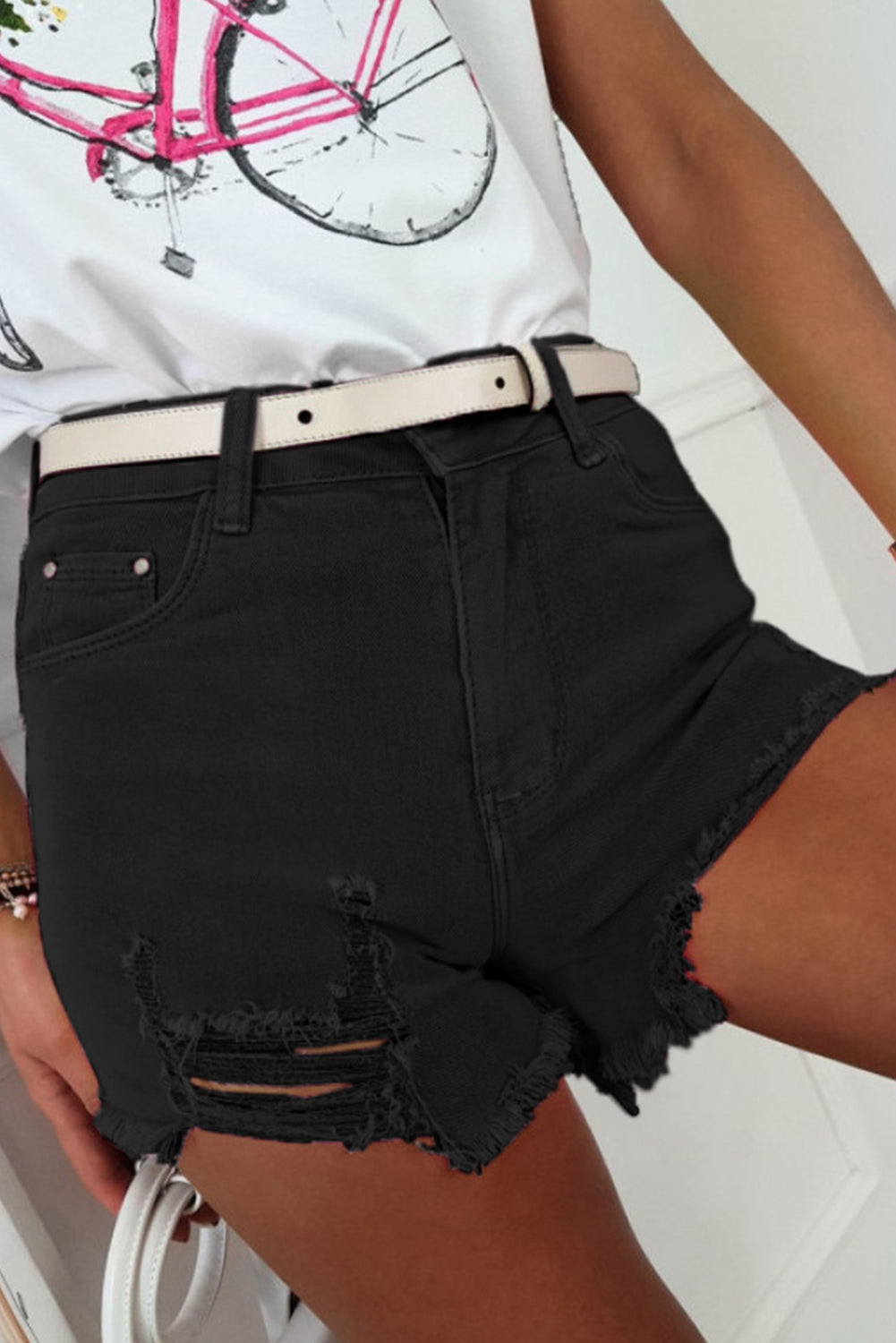 Honeybee Mumford's Black Solid Color Distressed Denim Shorts