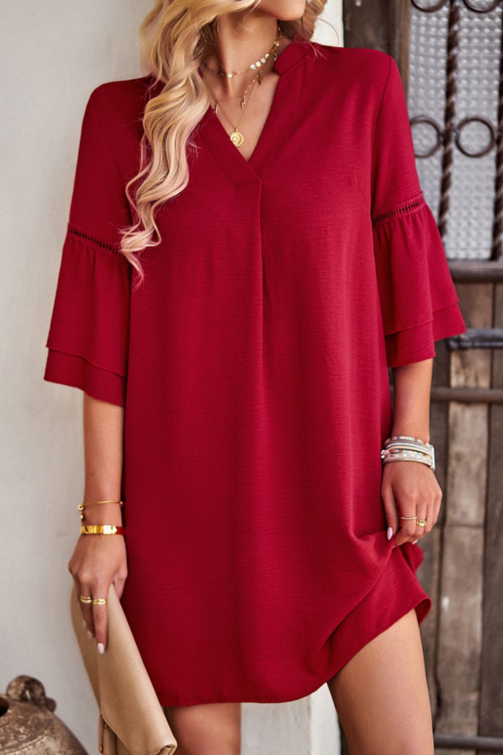 Honeybee Mumford's Notched Neck Flare Sleeve Pocket Dress