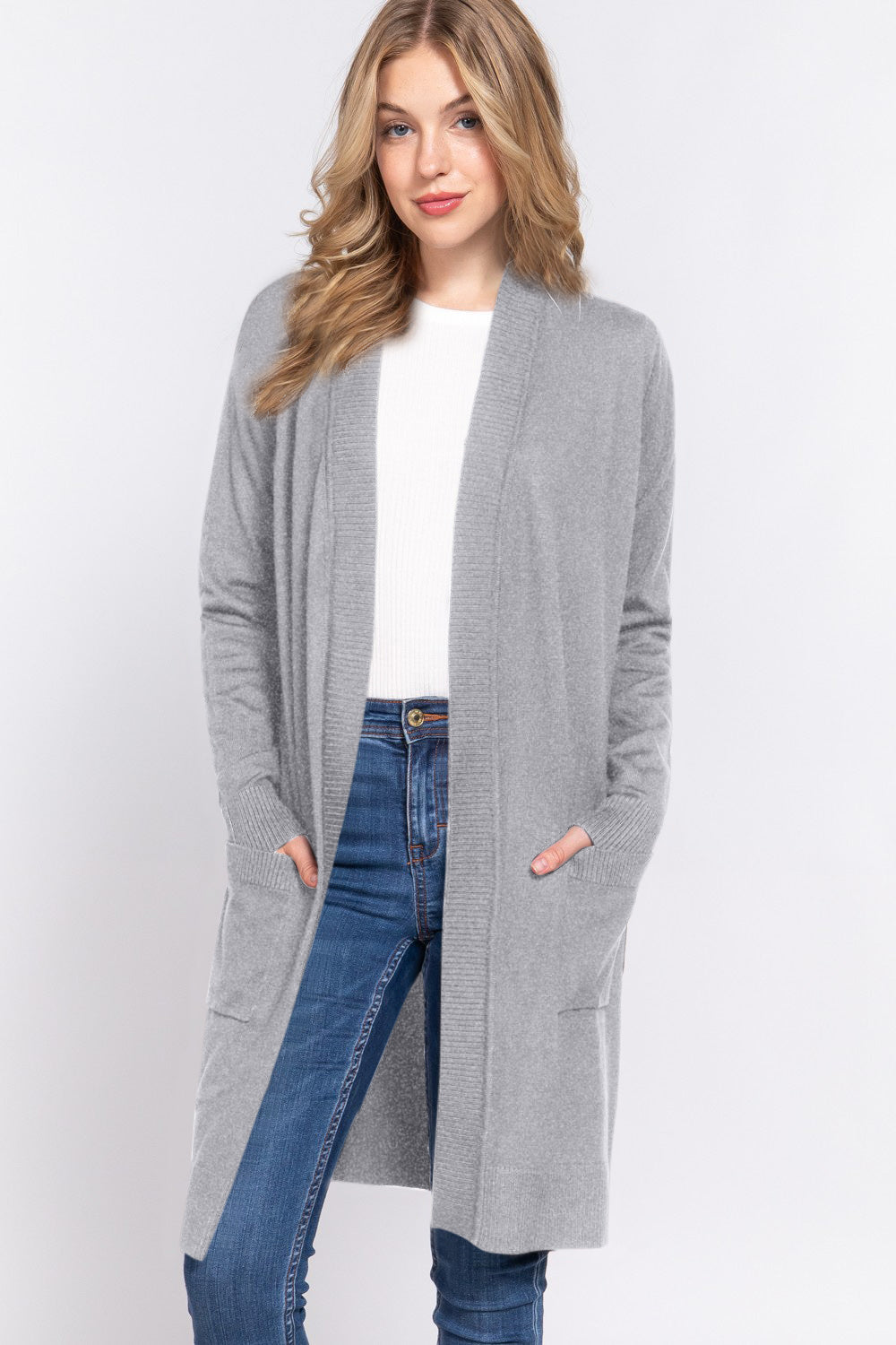 Honeybee Mumford's Grey Open Front Rib Trim w/ Long Sleeve Knit Cardigan