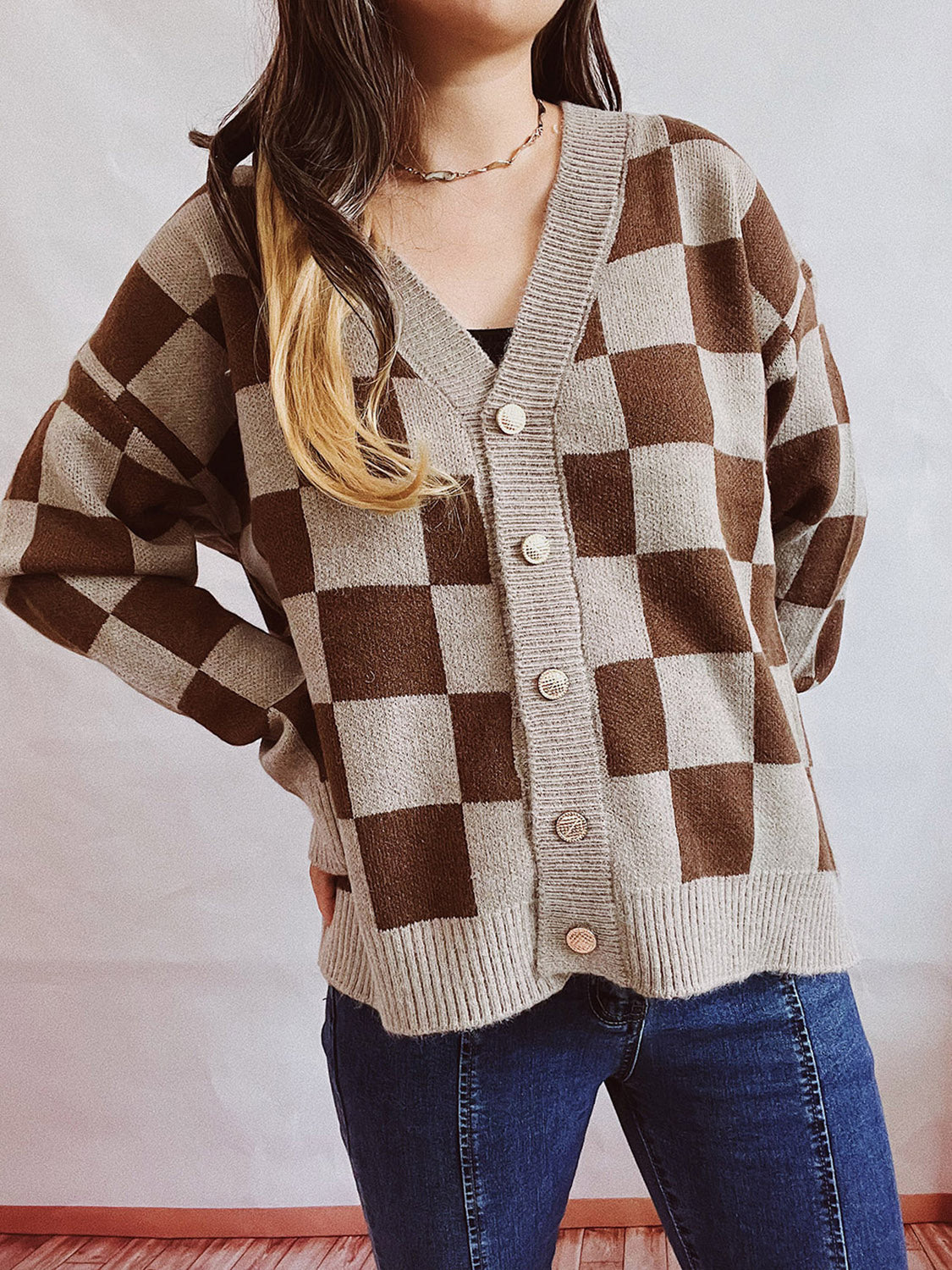 Honeybee Mumford's Checkered Open Front Button Up Cardigan