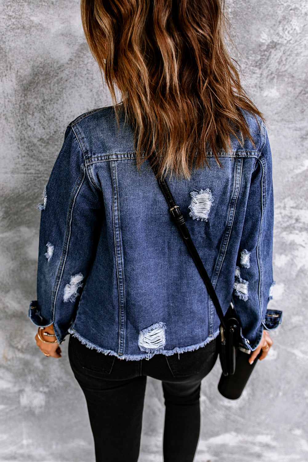 Honeybee Mumford's Blue Lapel Distressed Raw Hem Buttons Denim Jacket