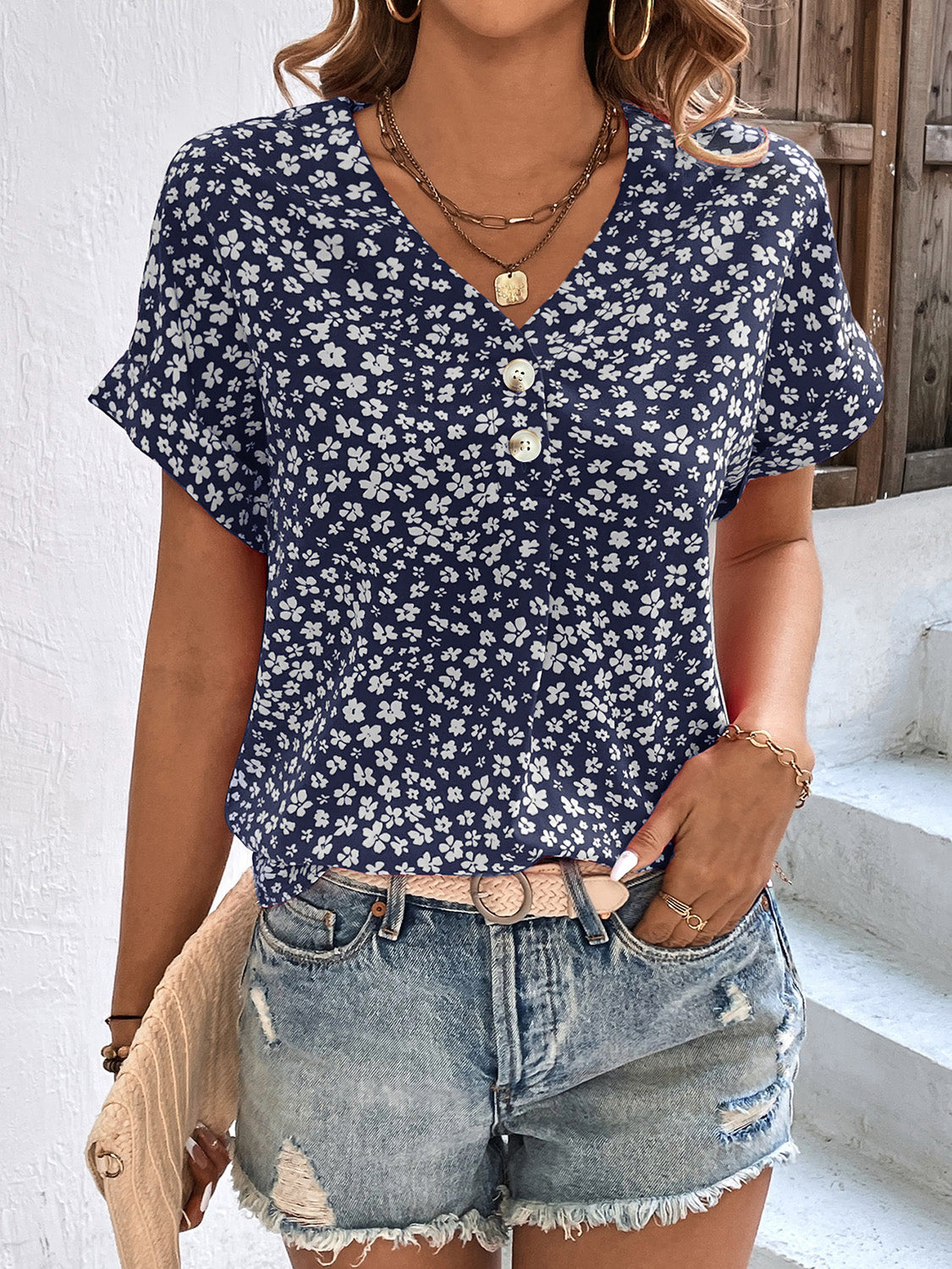 Honeybee Mumford's Printed V-Neck Short Sleeve Blouse