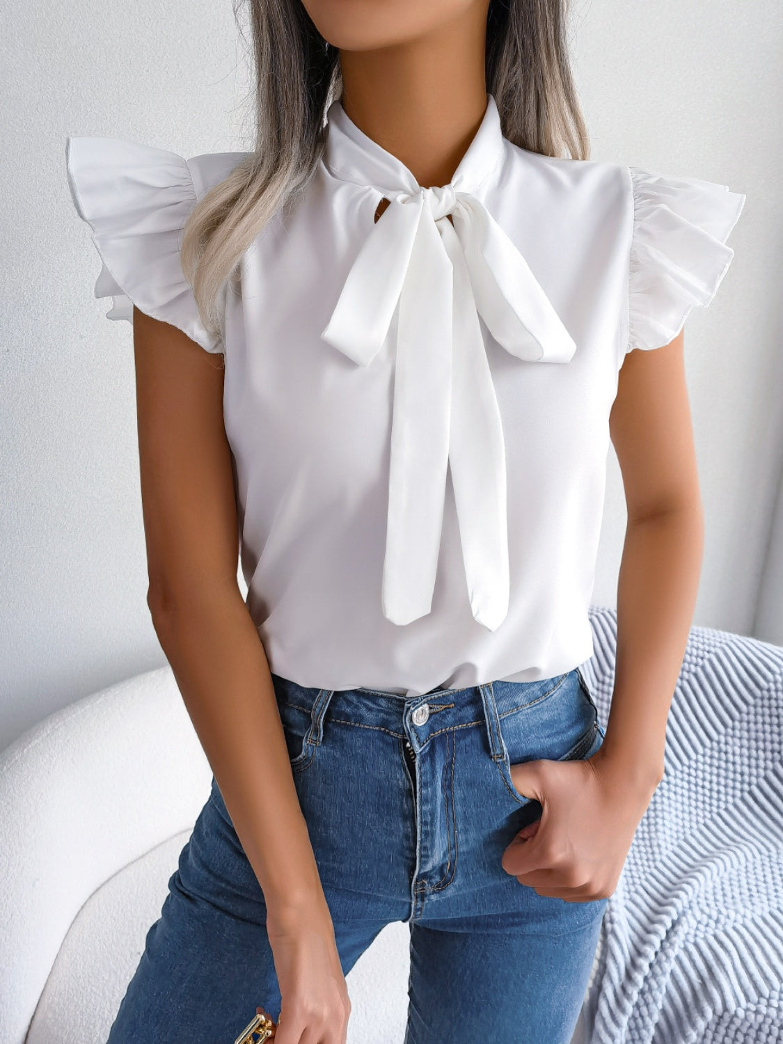 Honeybee Mumford's Tie Neck Cap Sleeve Blouse