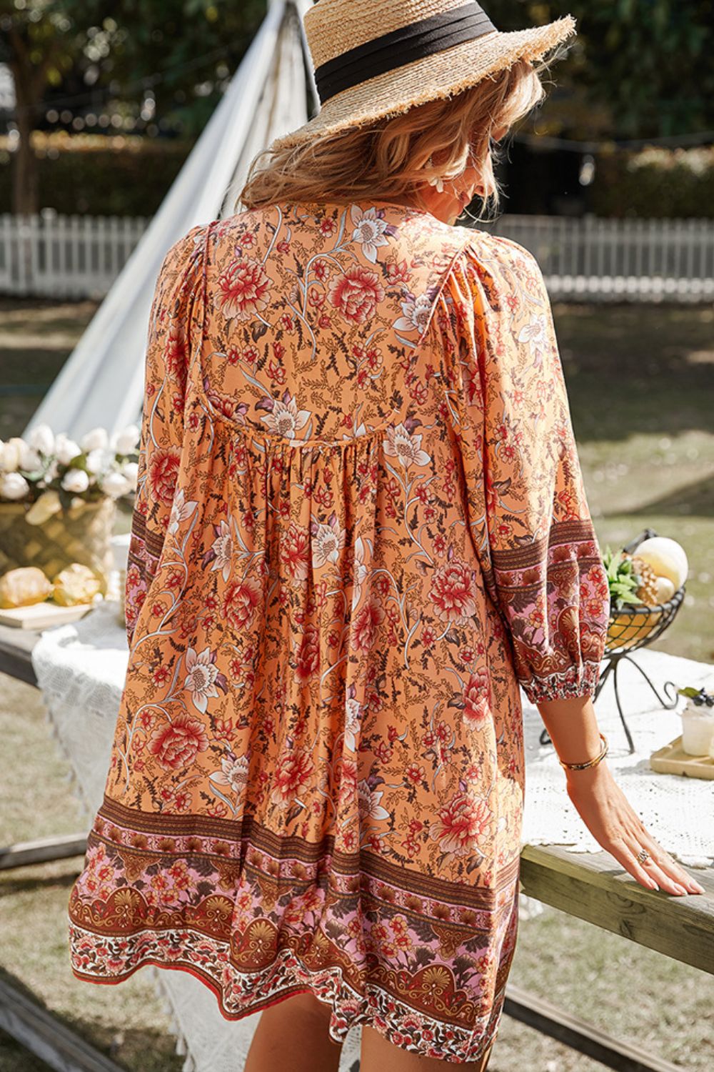 Honeybee Mumford's Bohemian Floral Tie Neck Balloon Sleeve Dress