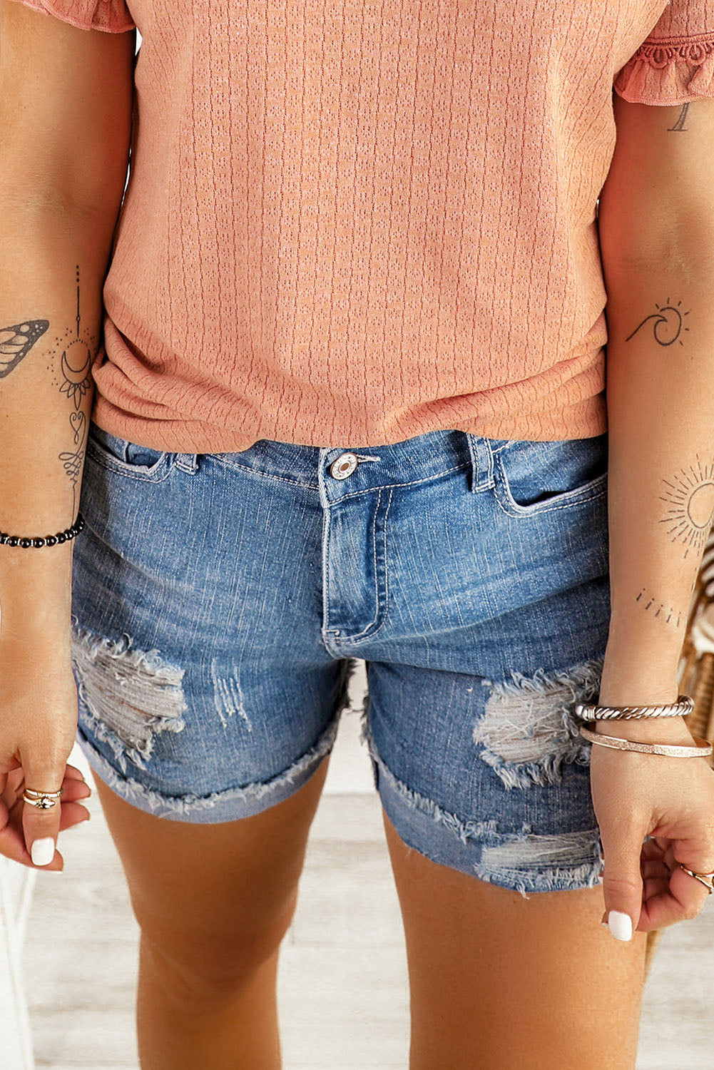 Honeybee Mumford's Distressed Ripped Rolled Hem Sky Blue Denim Shorts