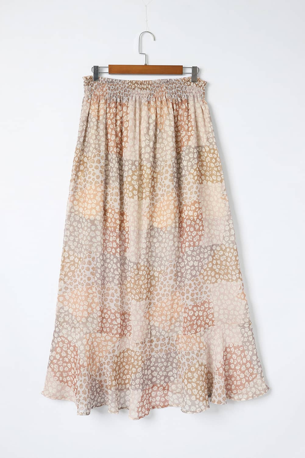 Honeybee Mumford's Apricot Boho Flower Print Smocked Waist Button Slit Maxi Skirt