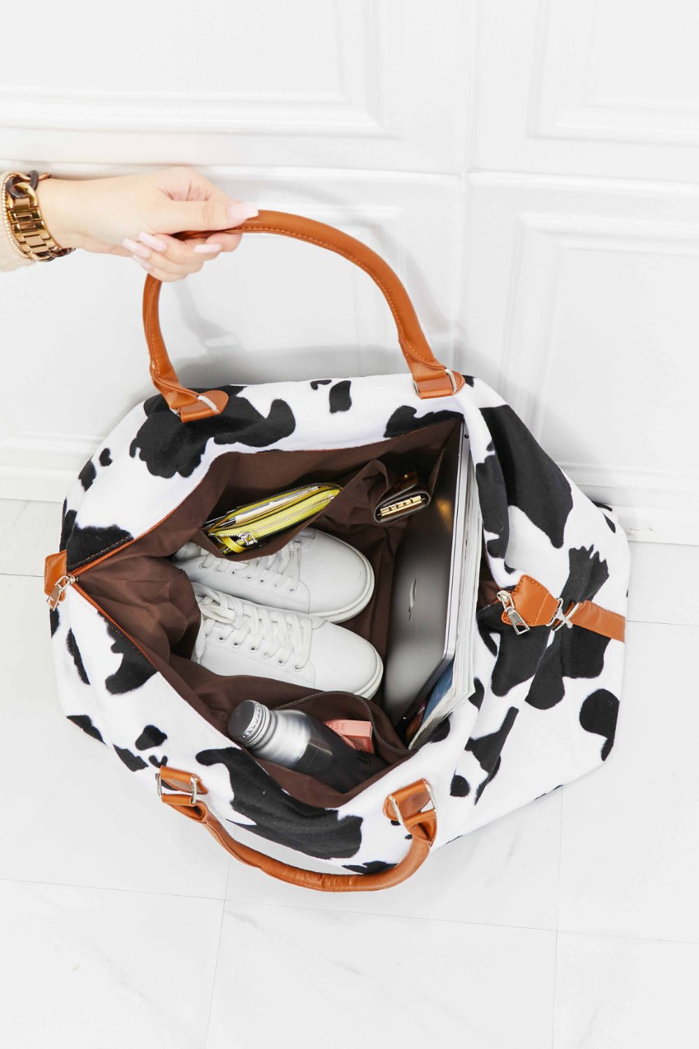 Honeybee Mumford's Cow Print Plush Weekender Bag