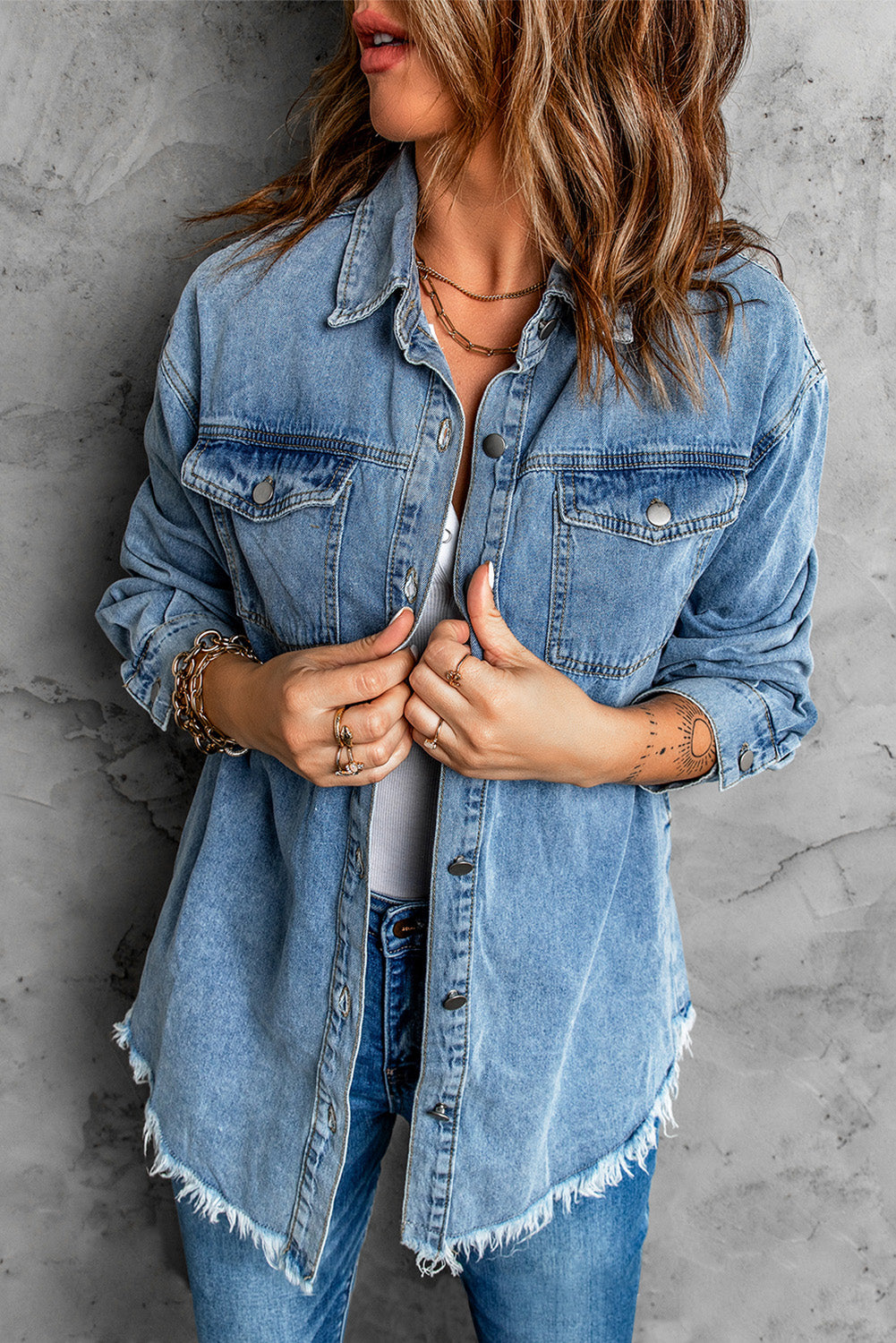 Honeybee Mumford's Button Up Pocketed Raw Hem Denim Jacket