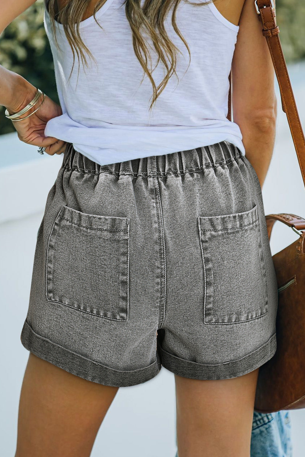 Honeybee Mumford's Gray Pocketed Drawstring High Waist Denim Shorts