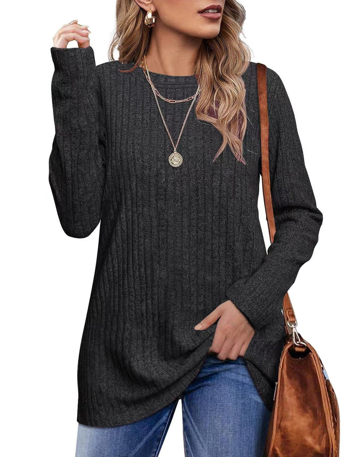 Honeybee Mumford's Ribbed Round Neck Long Sleeve Blouse