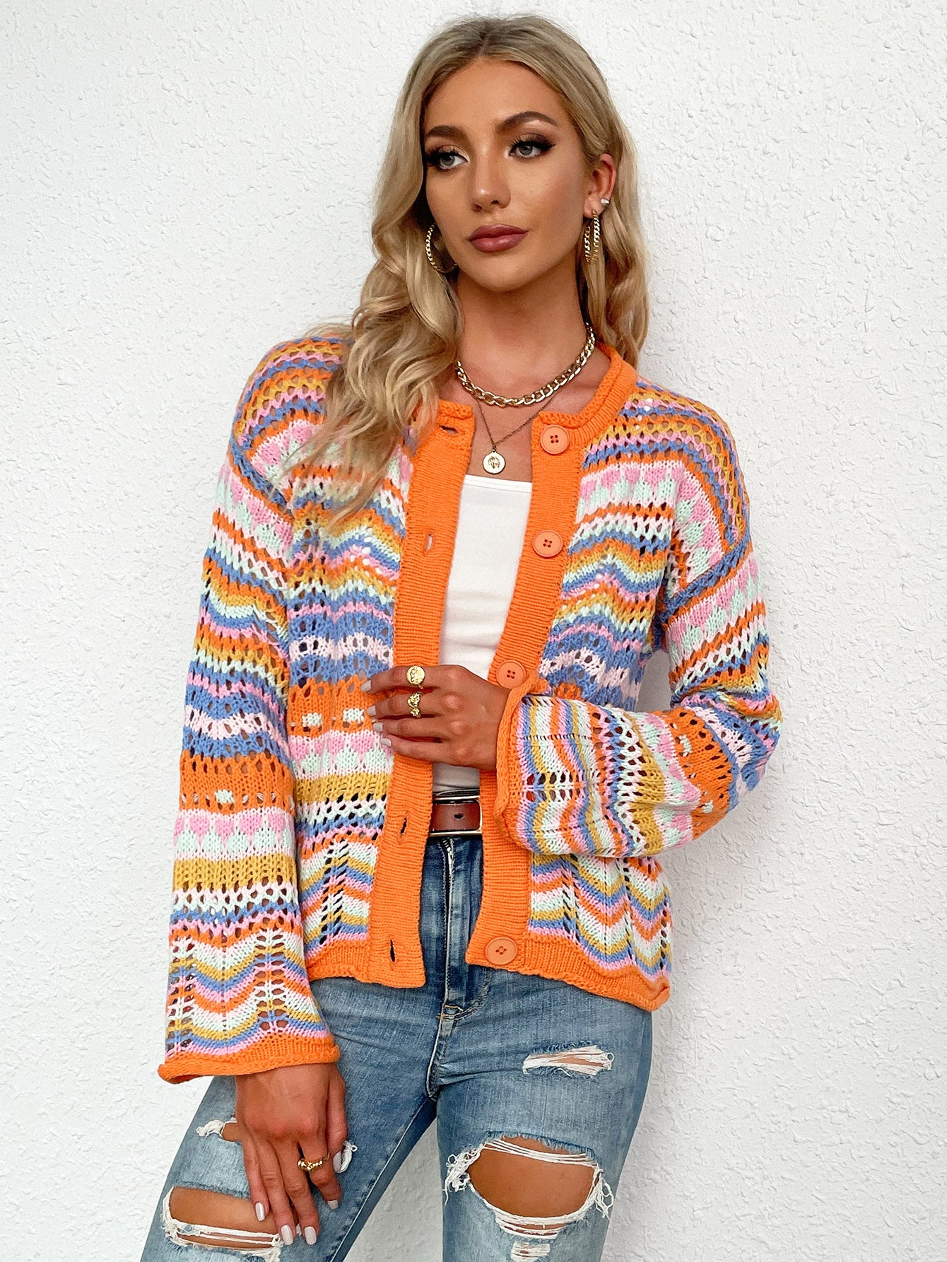 Honeybee Mumford's Chevron Stripes Openwork Cardigan