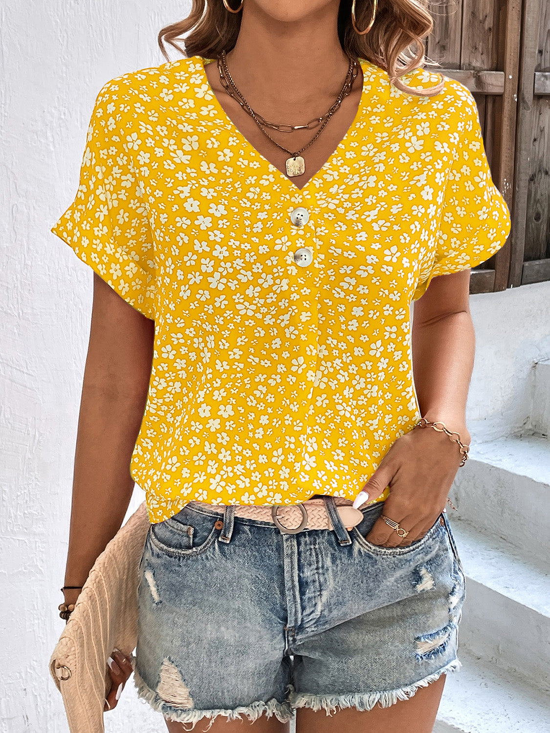 Honeybee Mumford's Printed V-Neck Short Sleeve Blouse