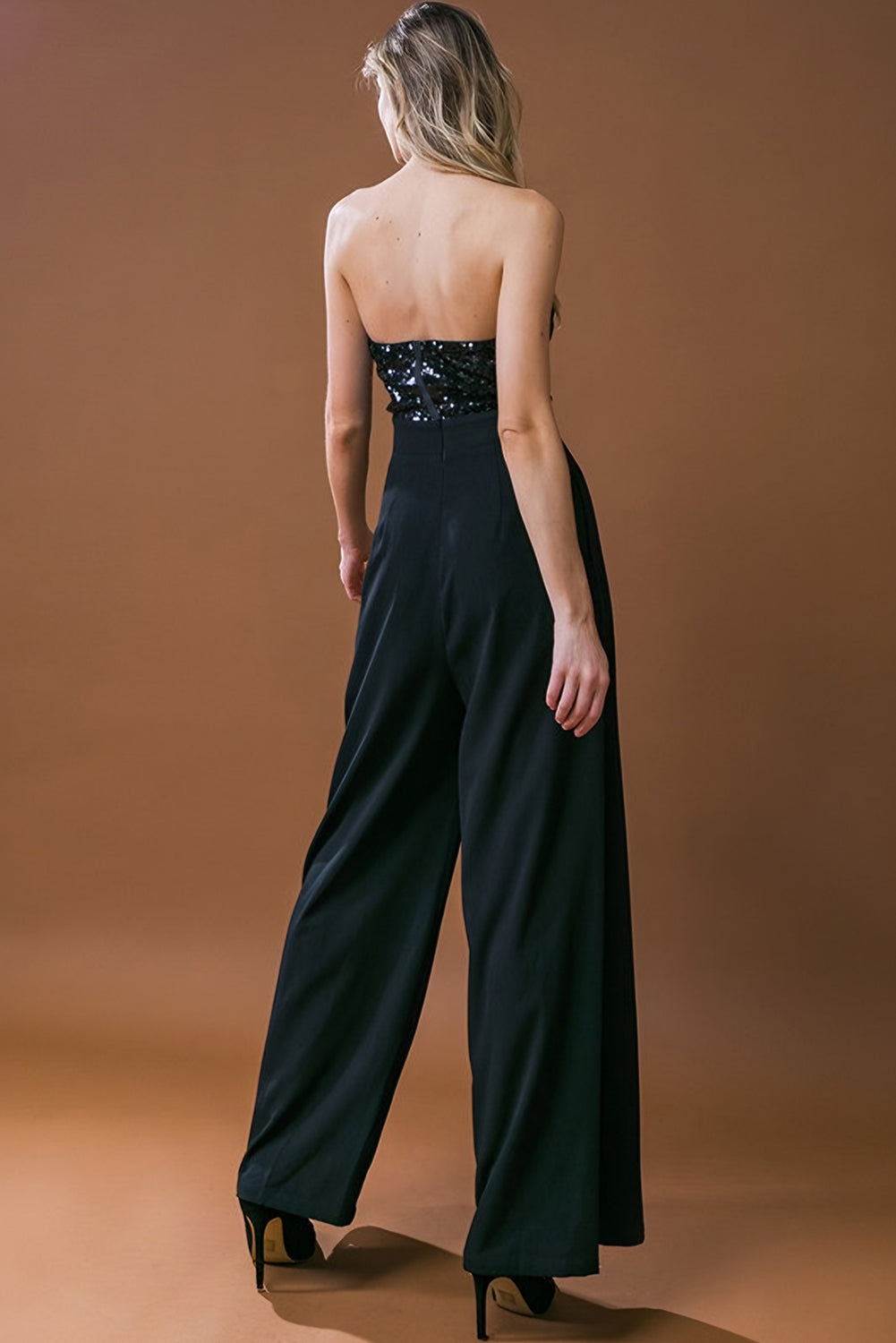 honeybee Mumford's Black Sequin Tube Top Wide Leg Jumpsuit