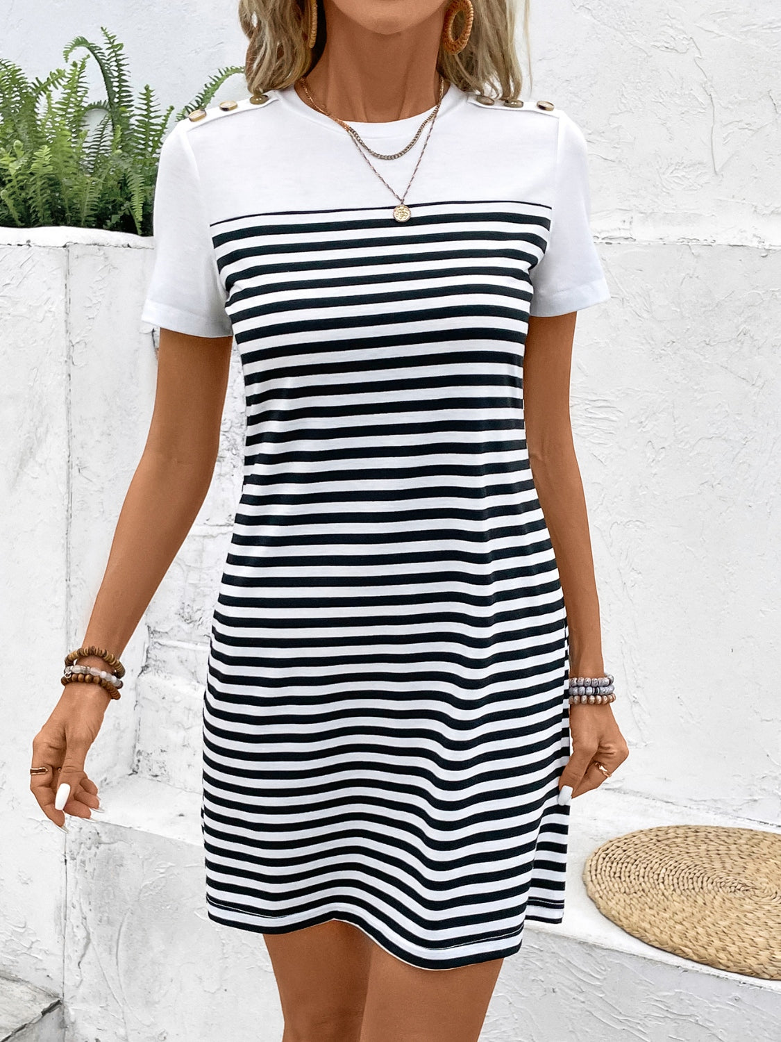 Honeybee Mumford's Striped Round Neck Short Sleeve Mini Tee Dress