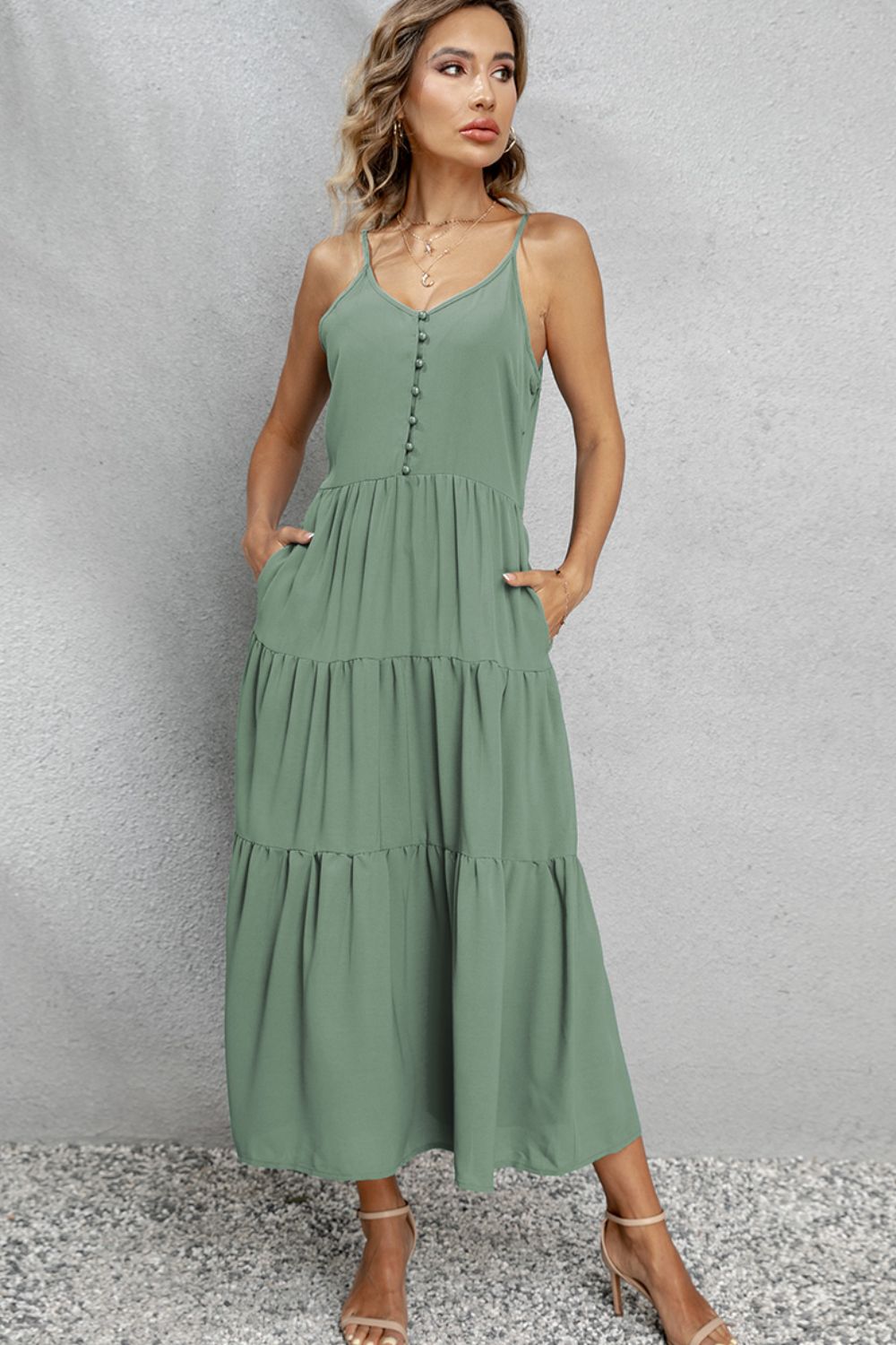 Honeybee Mumford's V-Neck Sleeveless Spaghetti Straps Midi Dress