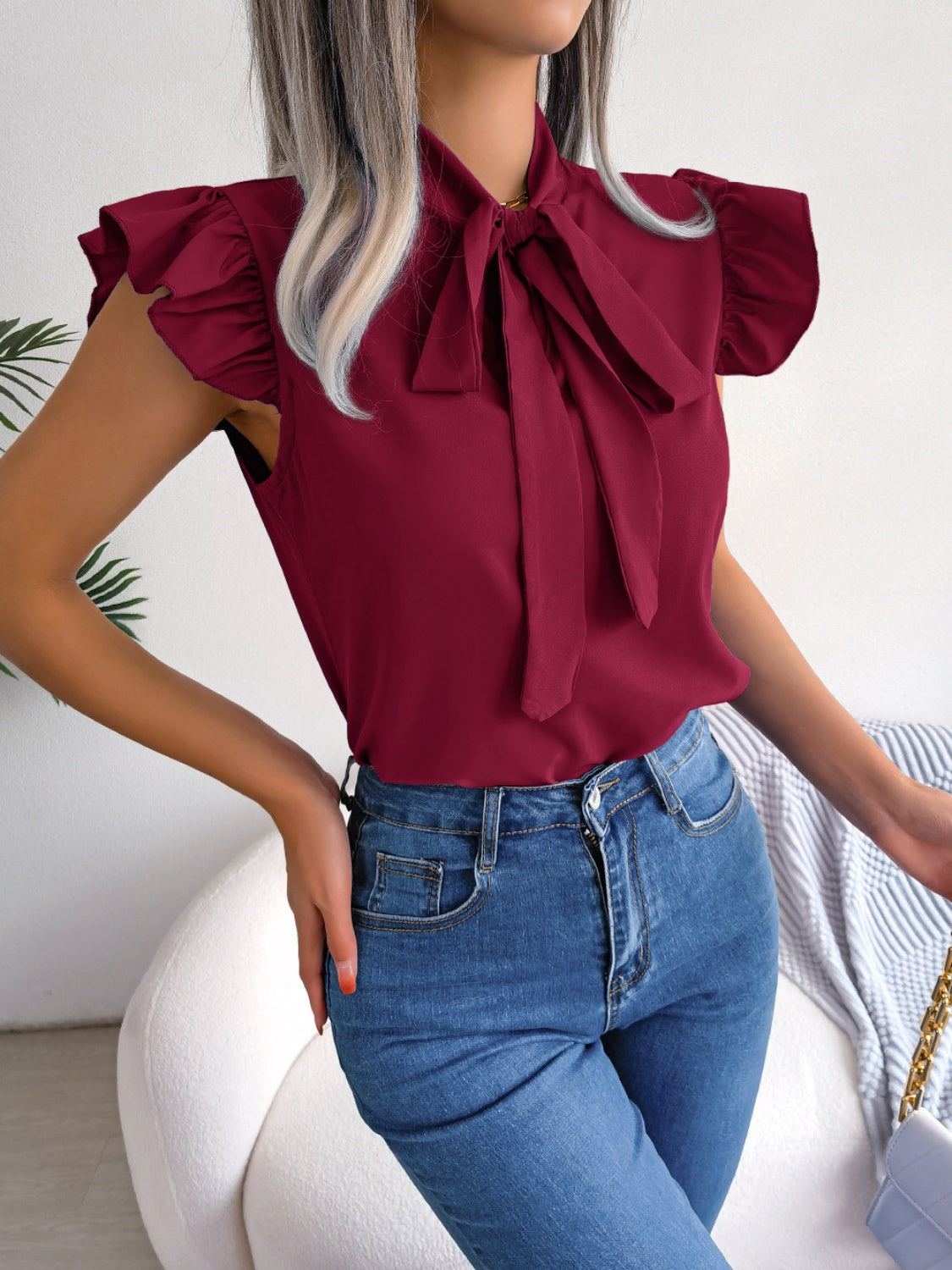 Honeybee Mumford's Tie Neck Cap Sleeve Blouse