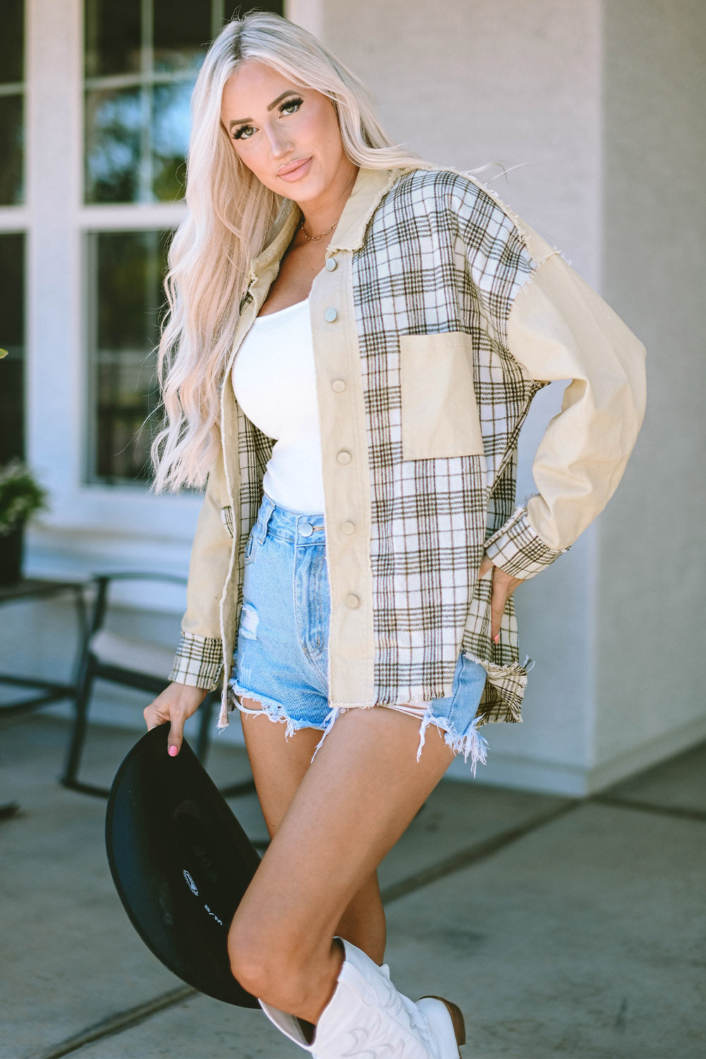 Honeybee Mumford's Khaki Distressed Raw Edge Plaid Patchwork Denim Jacket