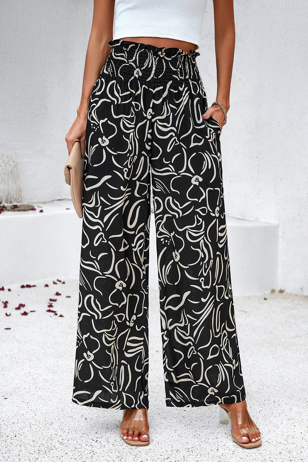 Honeybee Mumford's Smocked Printed Wide Leg Pants with Pockets