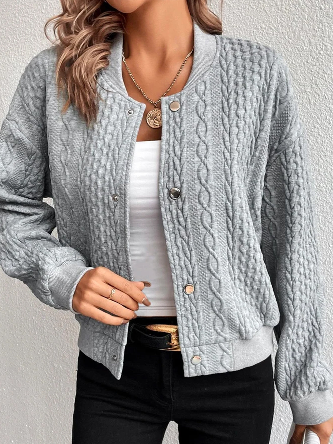 Honeybee Mumford's Cable-Knit Snap Down Long Sleeve Jacket