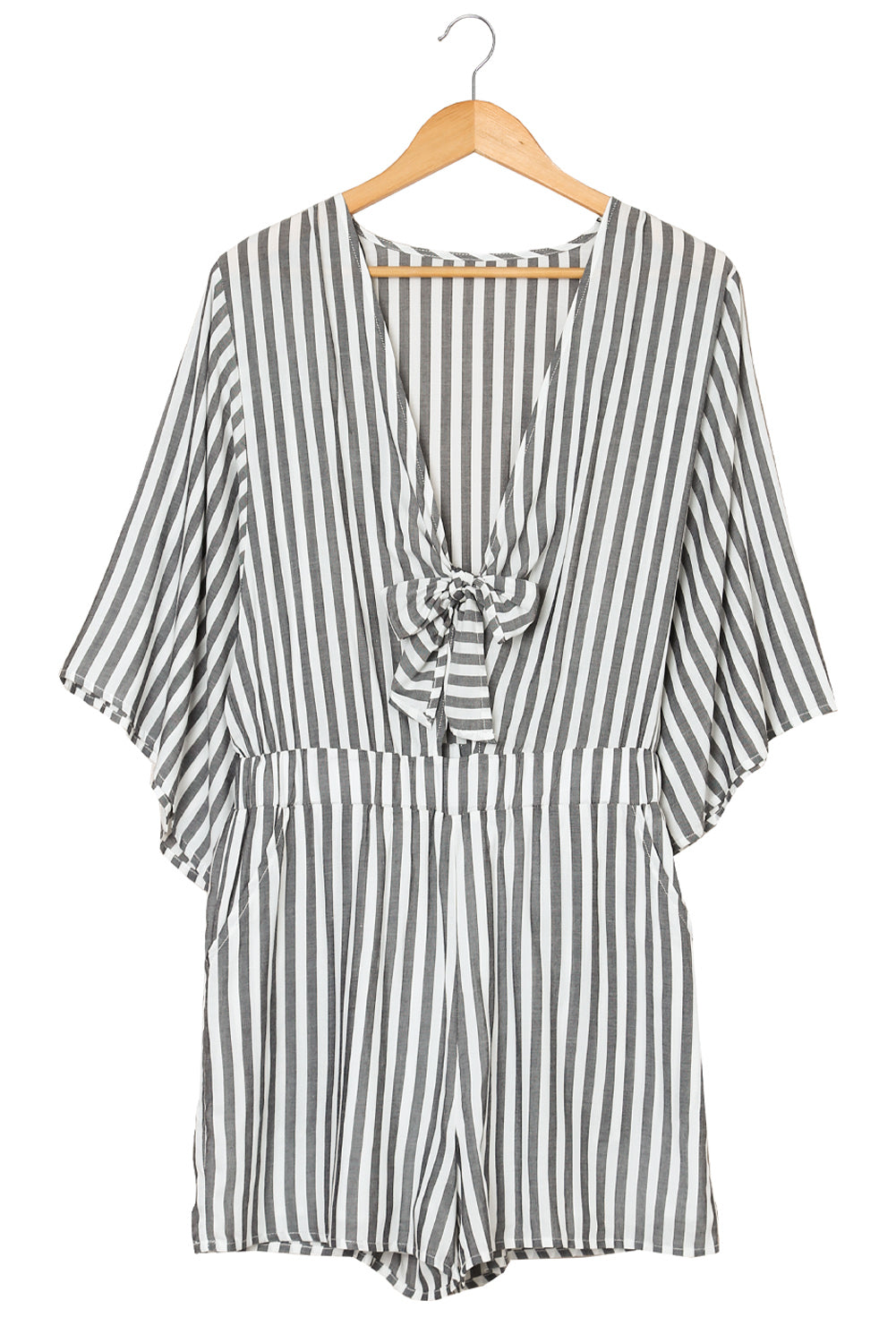 Honeybee Mumford's Gray 3/4 Wide Kimono Sleeves Tie Front Striped Romper with Pockets