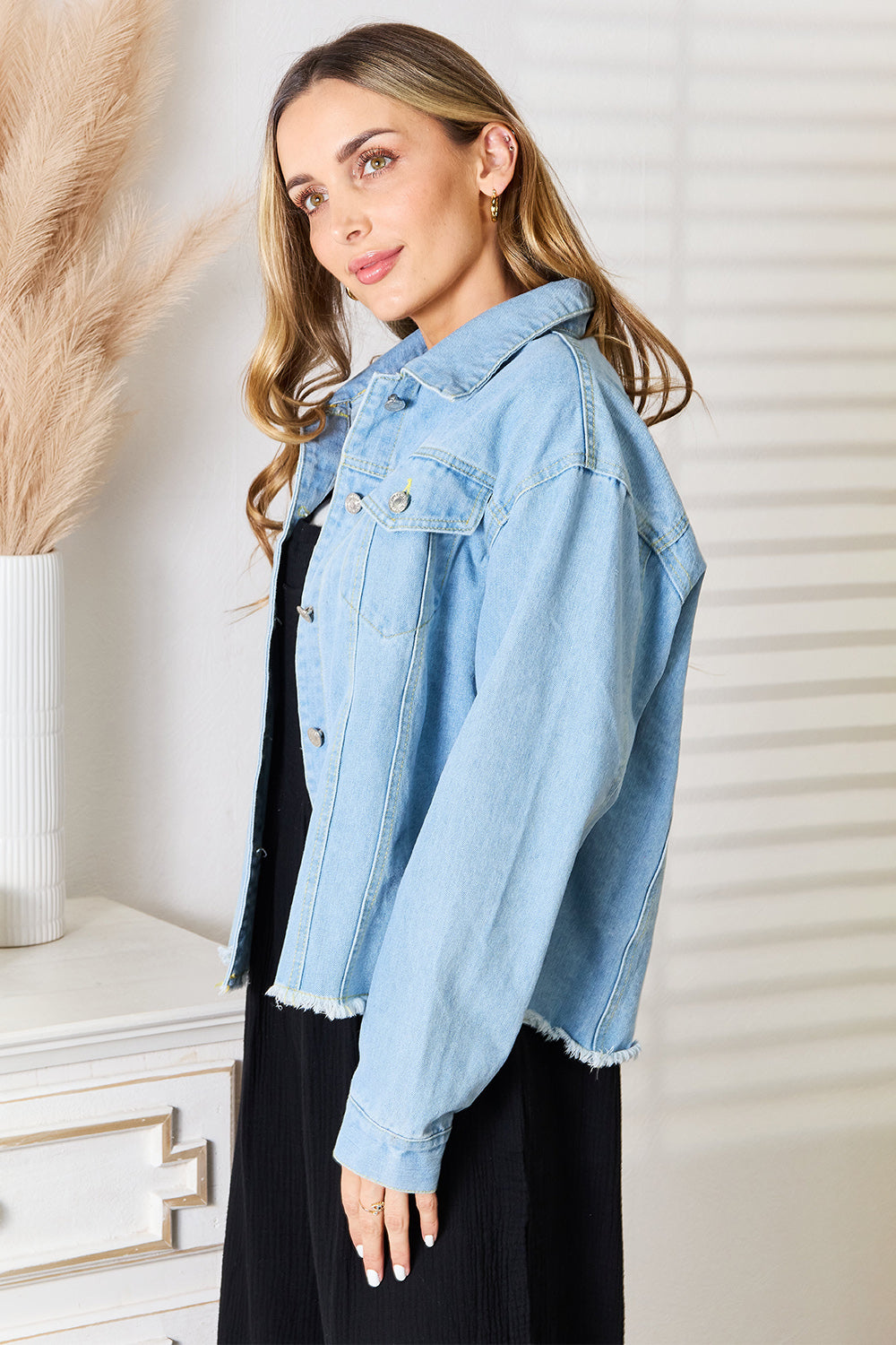 Honeybee Mumford's Double Take Dropped Shoulder Raw Hem Denim Jacket