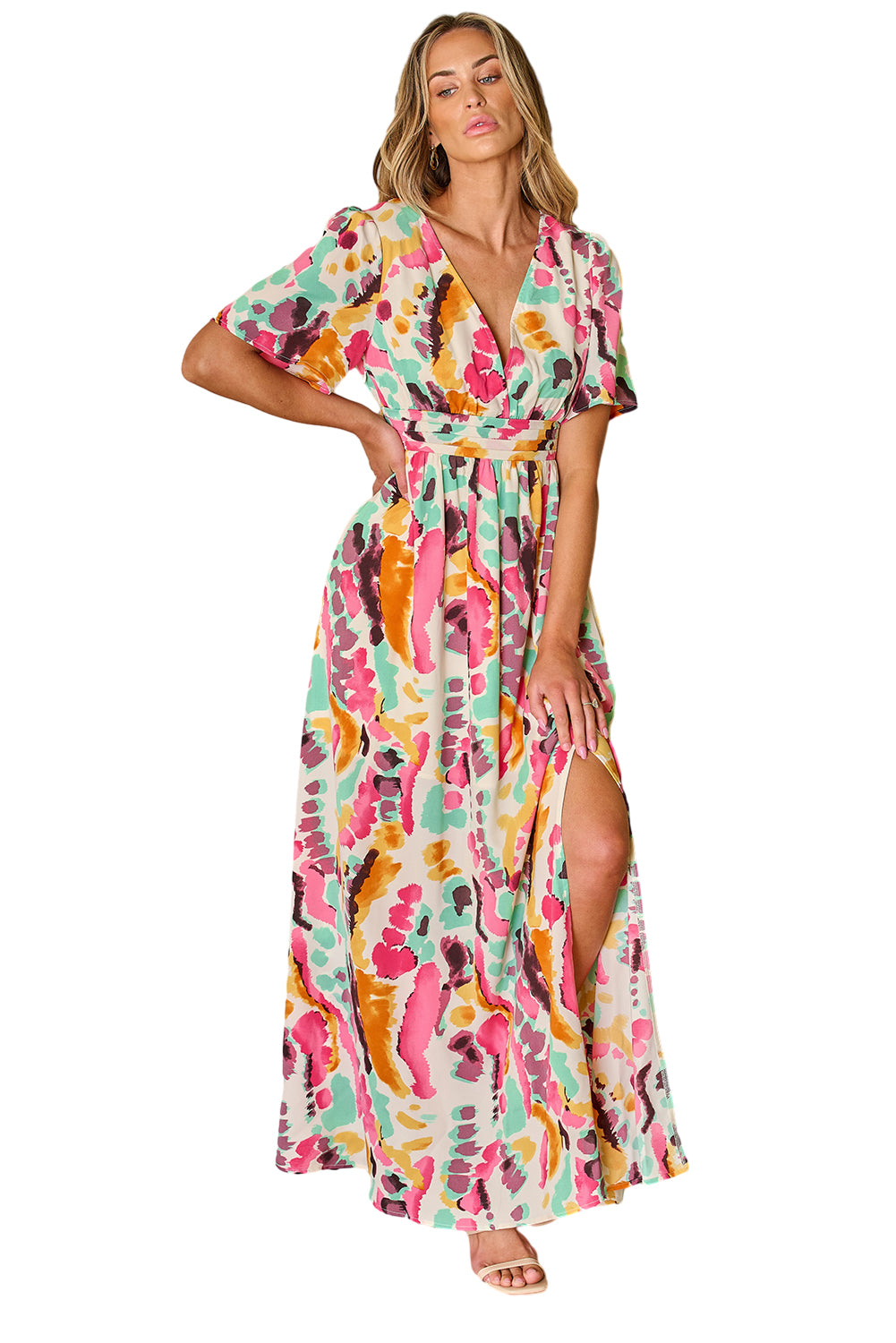 Honeybee Mumford's Pink Boho Tie-dye Print V Neck Maxi Dress