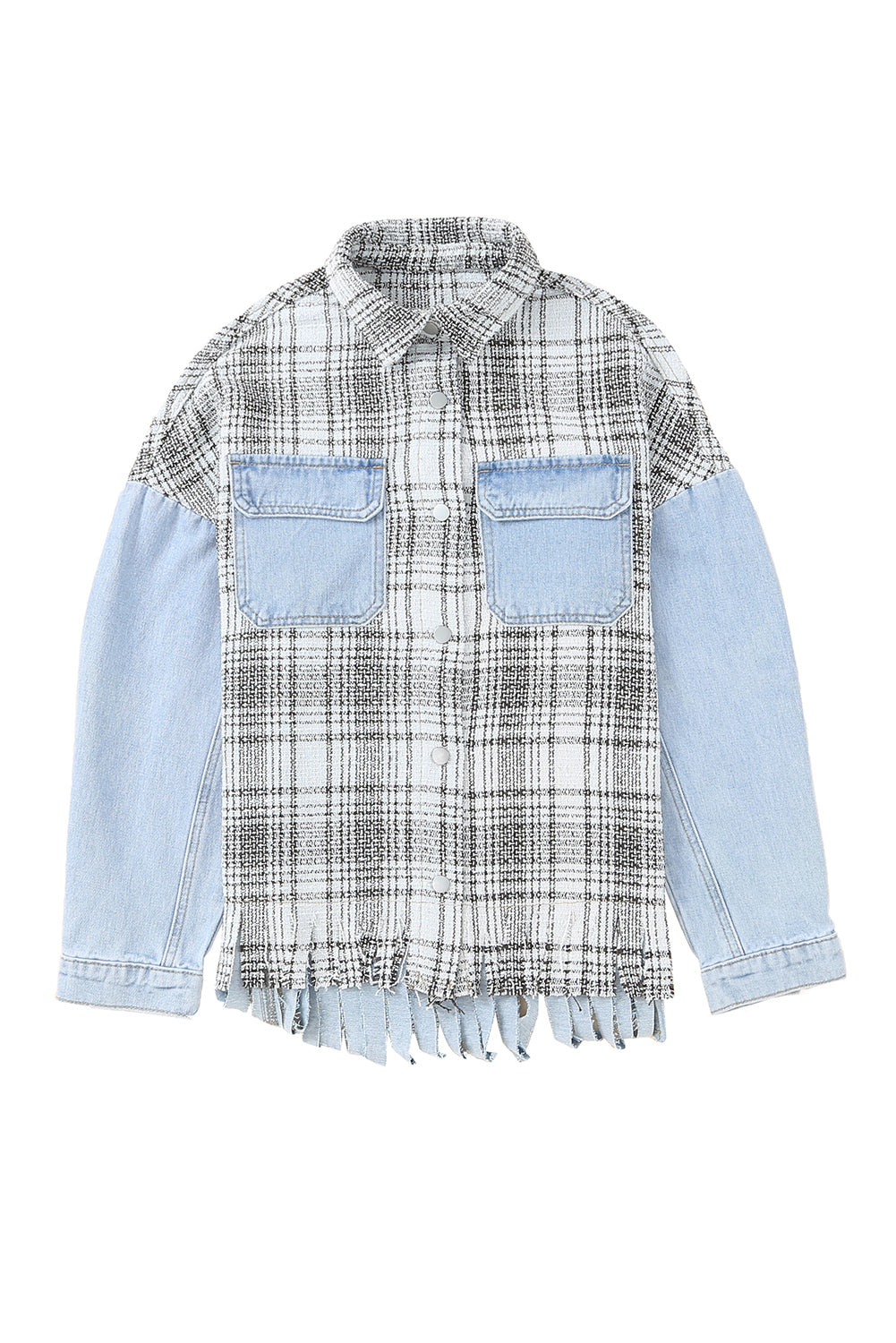 Honeybee Mumford's Sky Blue Plaid Patchwork Fringed Flap Pockets Denim Jacket