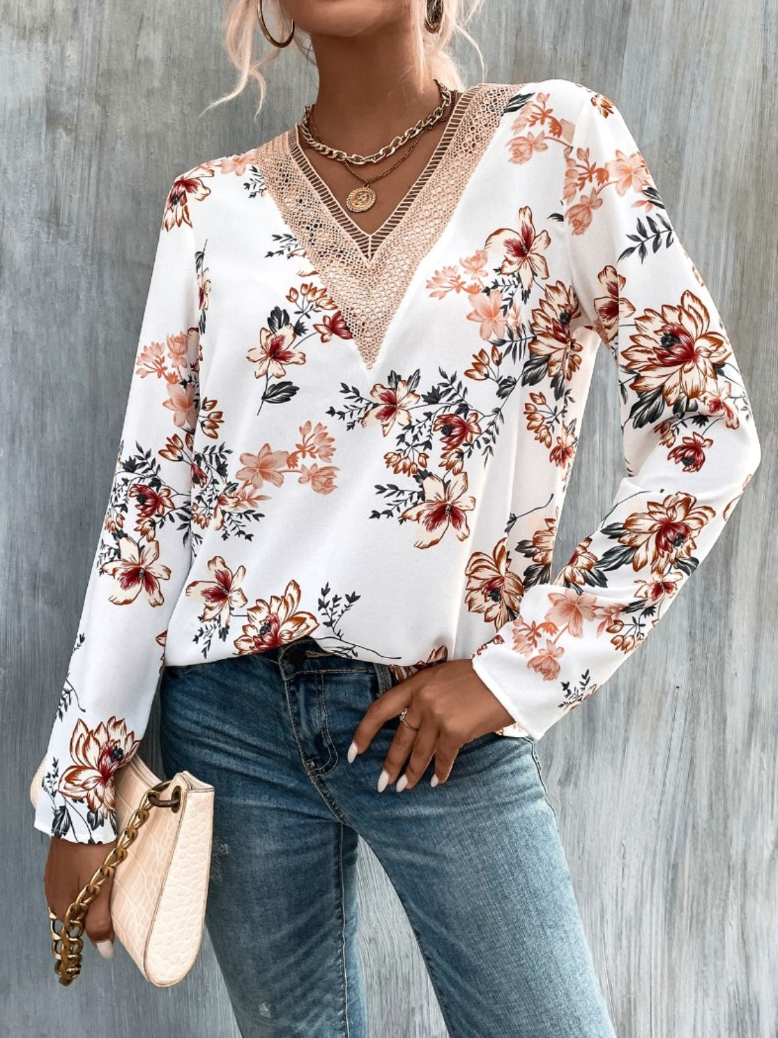 Honeybee Mumford's Printed V-Neck Long Sleeve Blouse