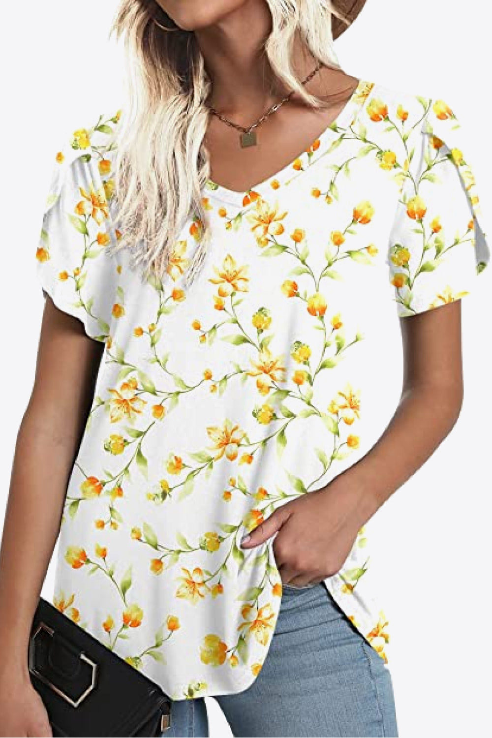 Honeybee Mumford's Printed Petal Sleeve V-Neck Blouse