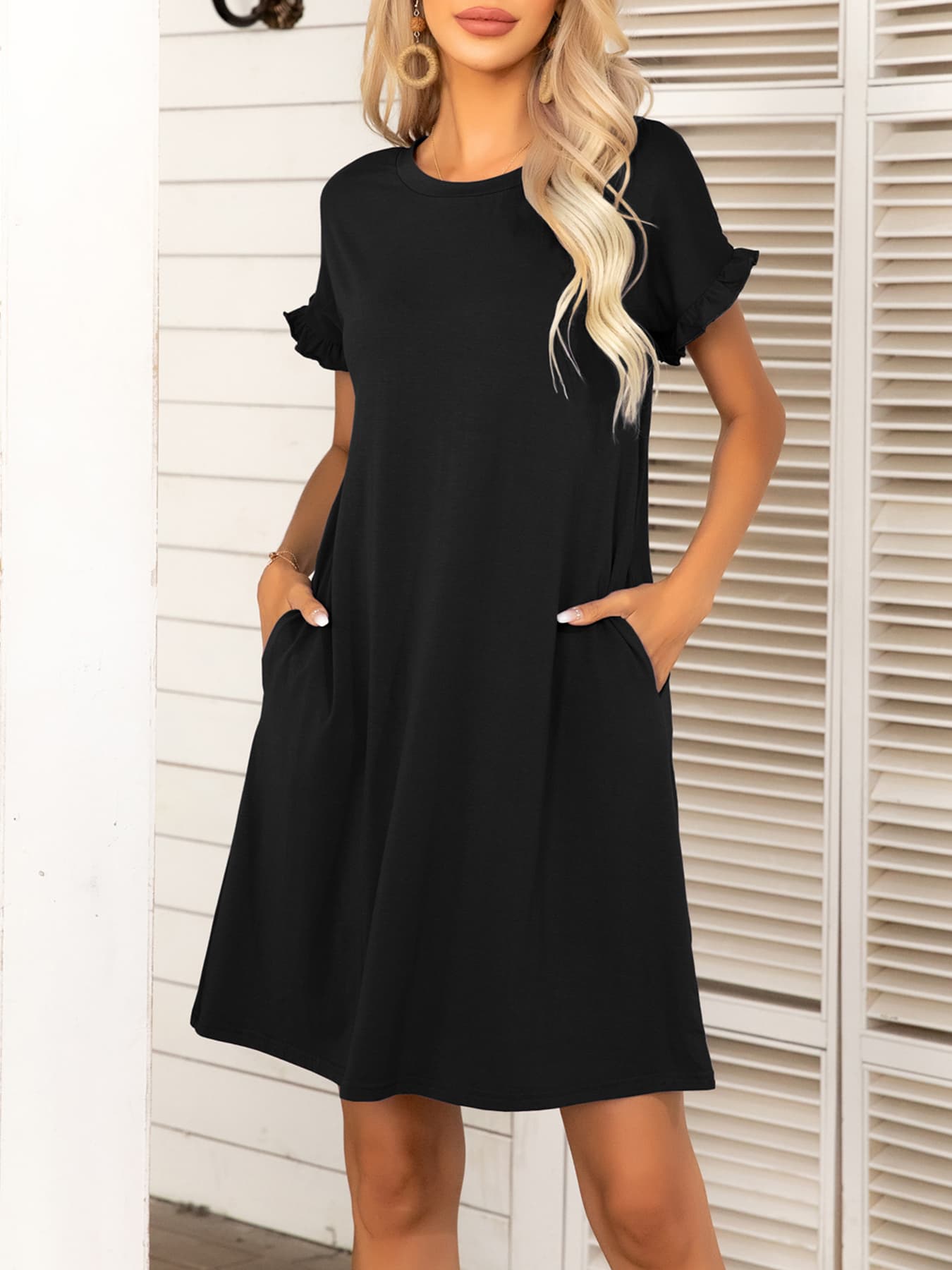 Honeybee Mumford's Round Neck Flounce Sleeve Dress with Pockets