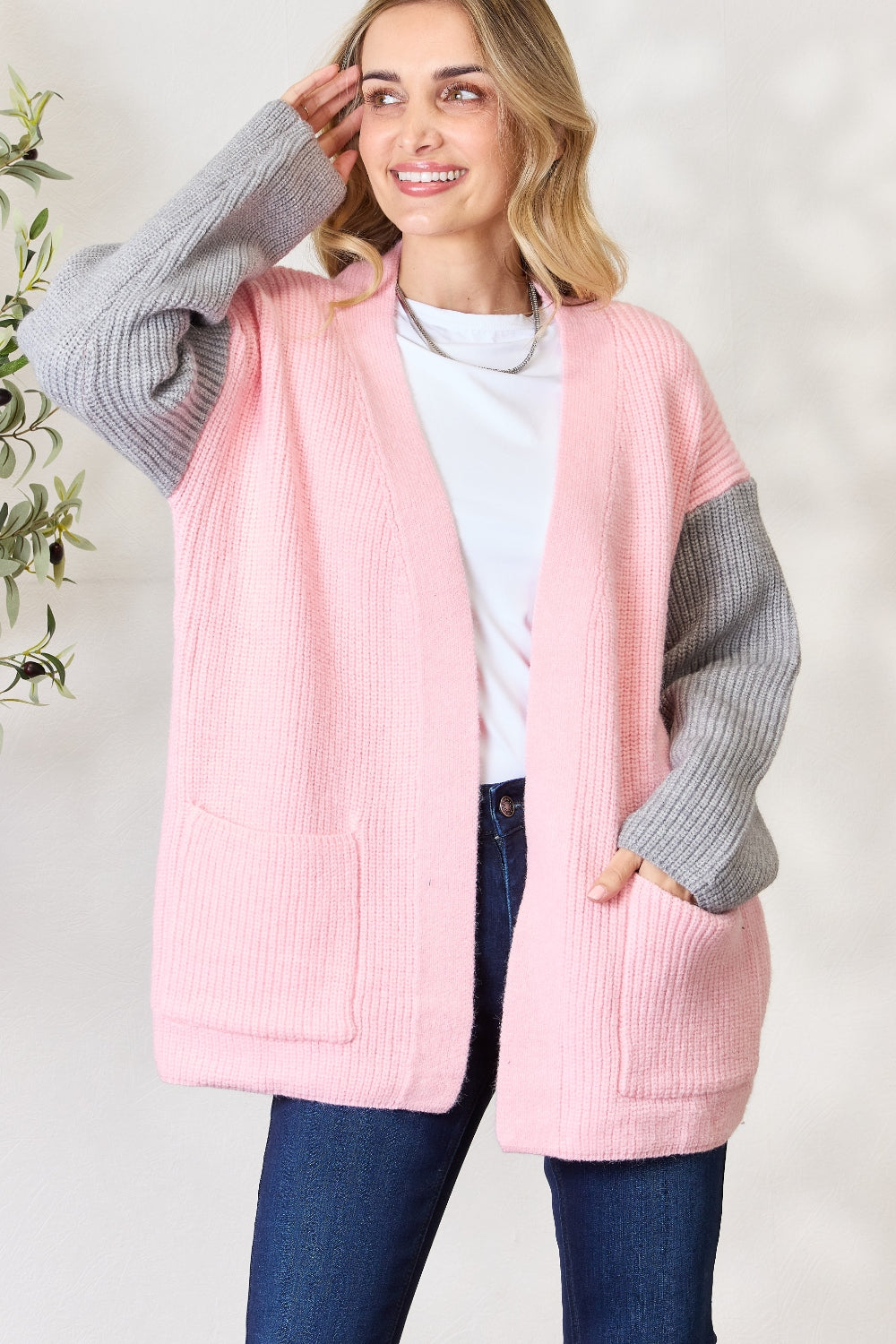 honeybee Mumford's Blush & Grey Contrast Open Front Cardigan with Pockets