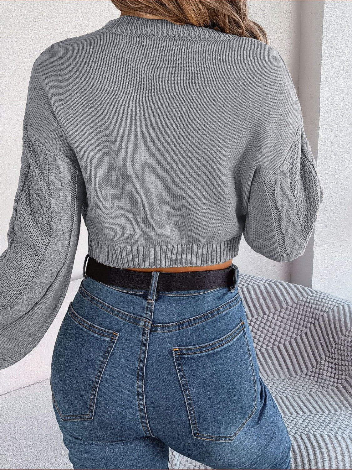 Honeybee Mumford's Cable-Knit Round Neck Cropped Sweater