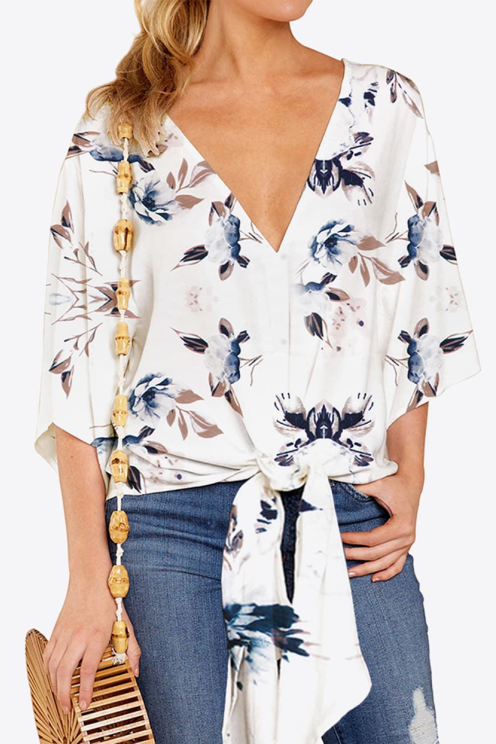 Honeybee Mumford's Printed Deep V Tie Hem Blouse