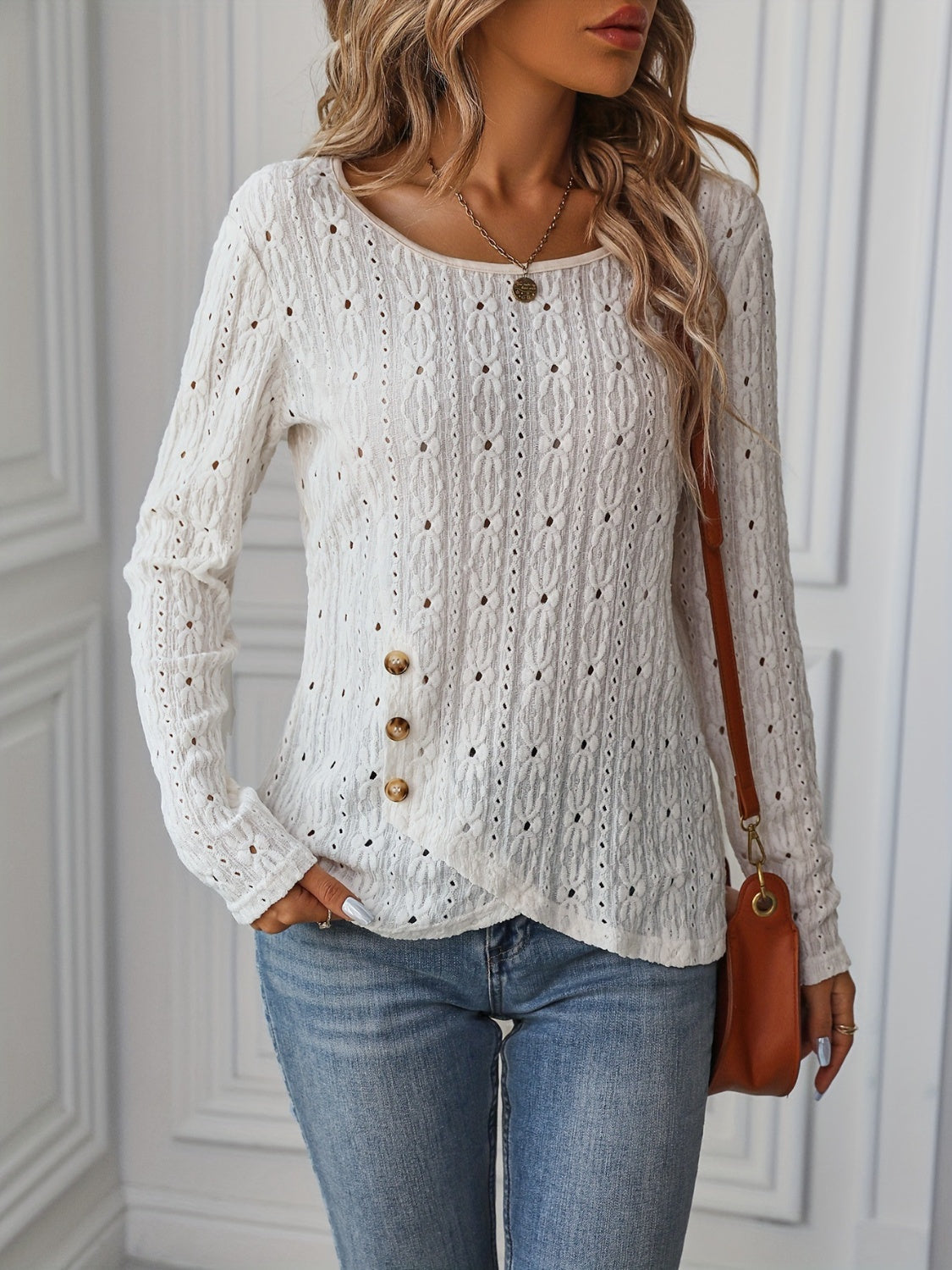 Honeybee Mumford's Eyelet Boat Neck Long Sleeve Blouse