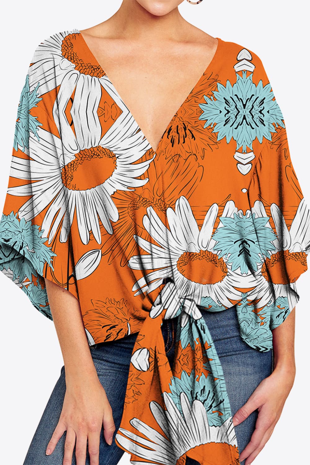 Honeybee Mumford's Printed Deep V Tie Hem Blouse