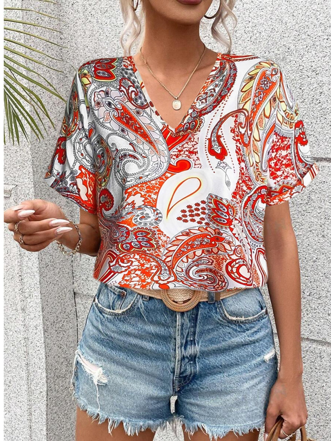 Honeybee Mumford's Printed V-Neck Short Sleeve Blouse