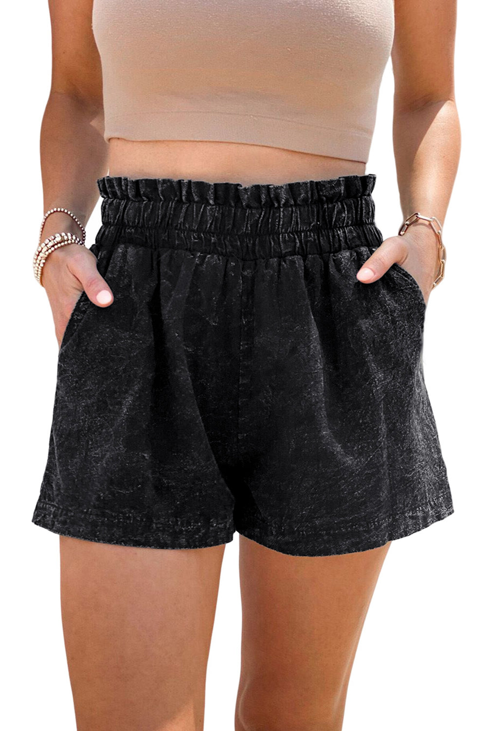 Honeybee Mumford's Black Retro Bleach-washed Ruffled Elastic High Waist Denim Shorts