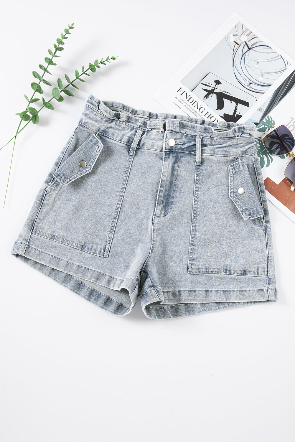 Honeybee Mumford's Beau Blue Ruffled High Waist Flap Pockets Denim Shorts