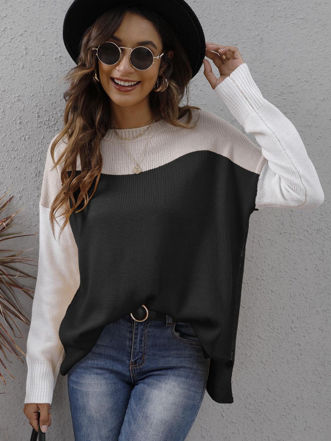 Honeybee Mumford's Color Block Round Neck Dropped Shoulder Sweater